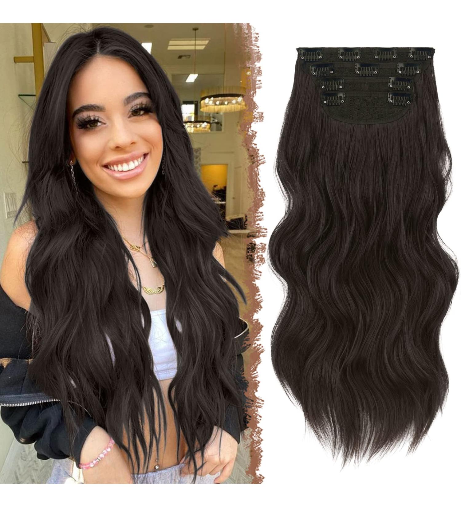 Feshfen Clip-In Hair Extensions - 4PCs 50cm Wavy Synthetic Hair 180g Black-Brown Full-Head Volume for Women - Buy Online on GoSupps.com