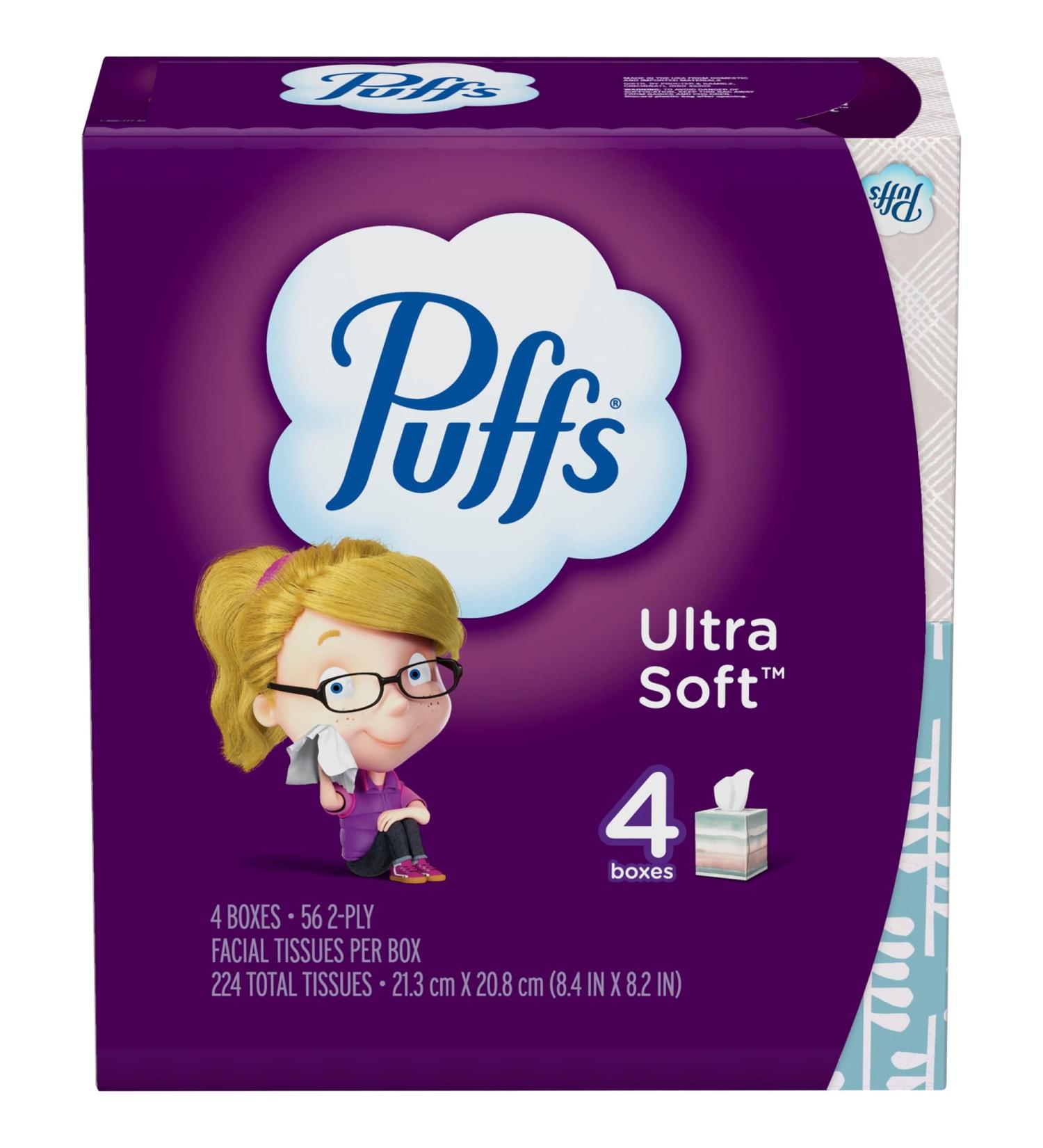 Puffs Ultra-Soft 2-Ply Facial Tissues White - 56 Tissues Per Cube (Pack of 4) - Buy Online on GoSupps.com