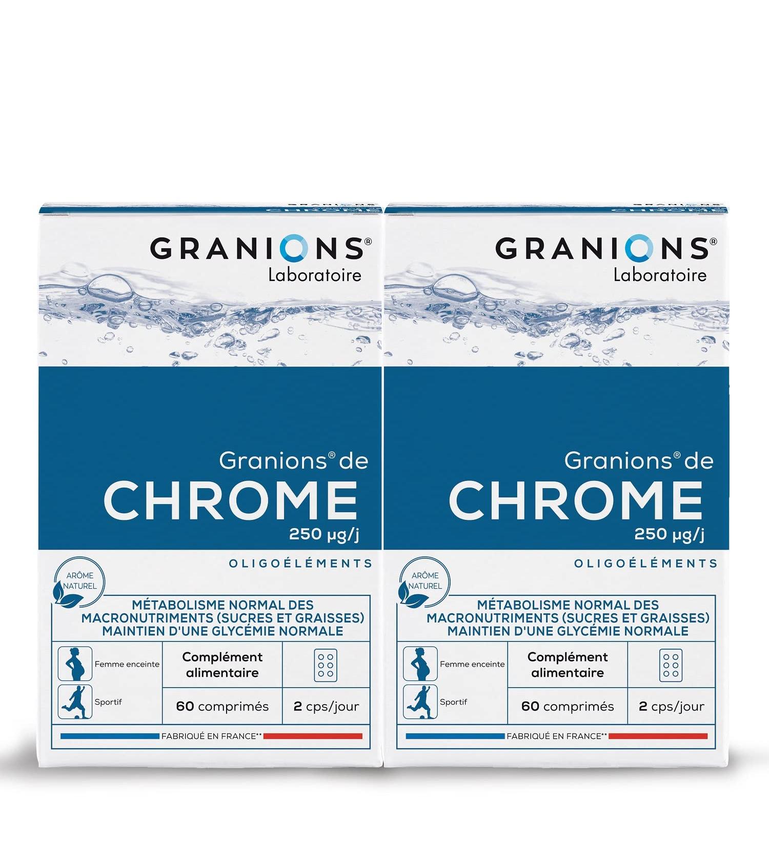 GRANIONS | Chromium | Normal metabolism of macronutrients (sugars & fats) and maintenance of normal blood sugar | Chromium 250 g | For the whole family | Made in France | 2x60 Tablets - Buy Online on GoSupps.com