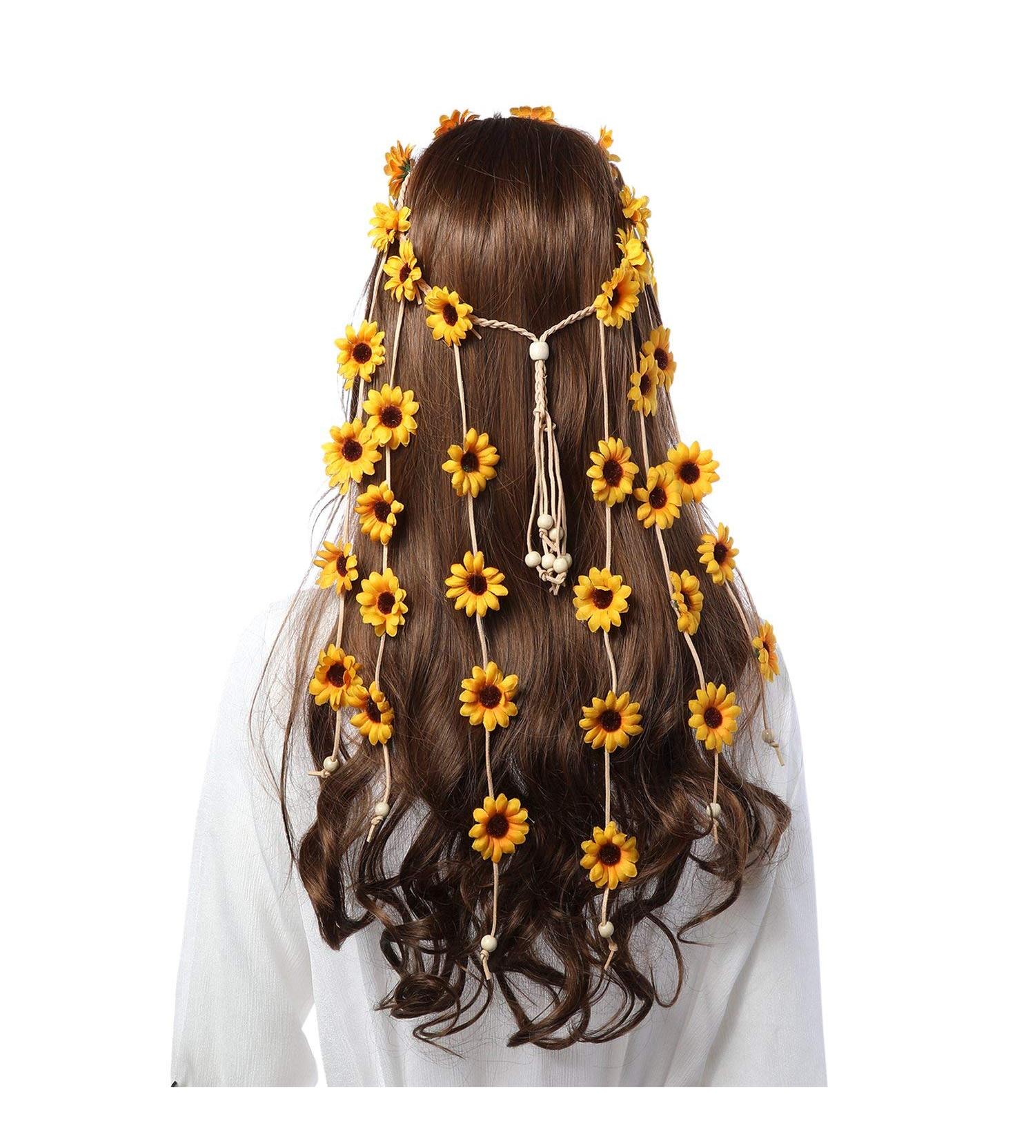 Butnedls Hippie Headband Floral Crown Behemain Sunflowers Beads Adjust Flower Headdress Hair Accessories (Yellow)