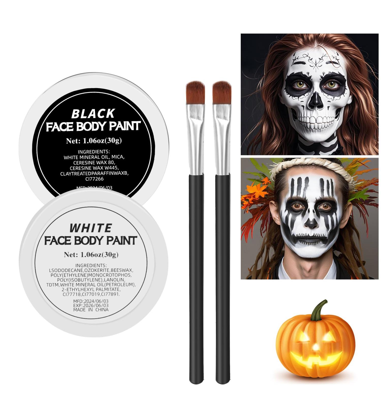 Professional White & Black Face Body Paint Kit - Halloween Clown Makeup with Brushes | Ideal for Cosplay Theater & SFX Make-up - Buy Online on GoSupps.com