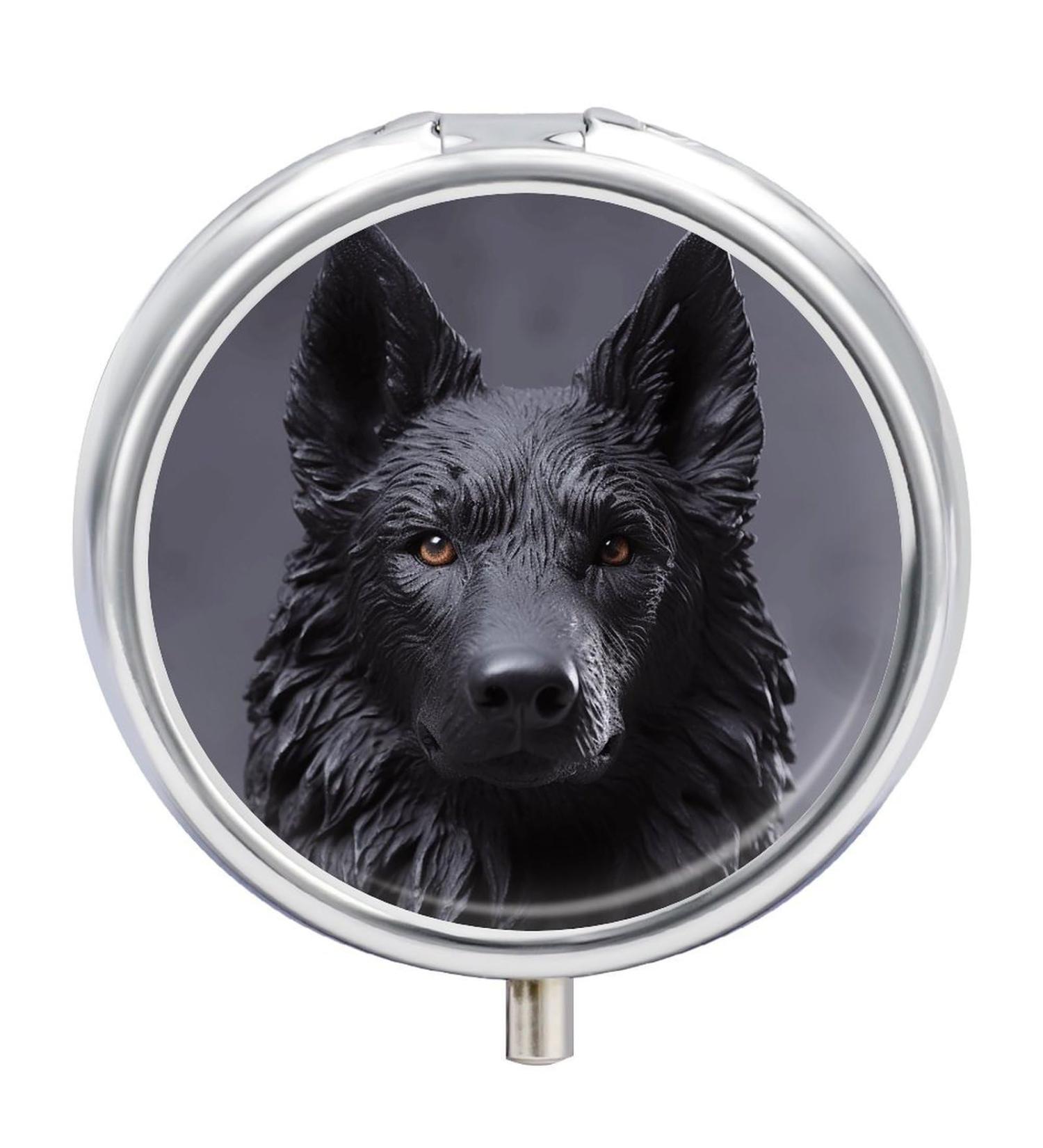 Round Black German Shepherd Print Pill Box - 3 Compartment Portable Organizer | Decorative Metal Pill Case - Buy Online on GoSupps.com