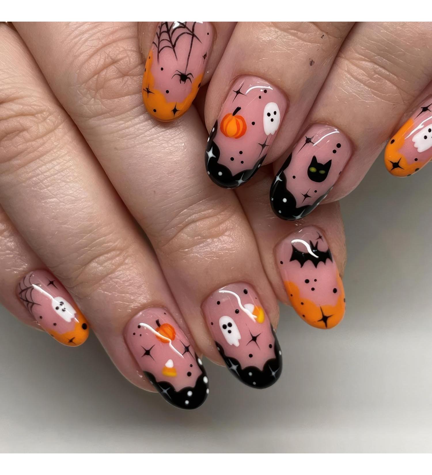 Shop 24 Pc Halloween French Tip Press on Nails - Cute Ghost Pumpkin & Bat Designs | Short Almond Shape Full Cover Acrylic Nails - Buy Online on GoSupps.com