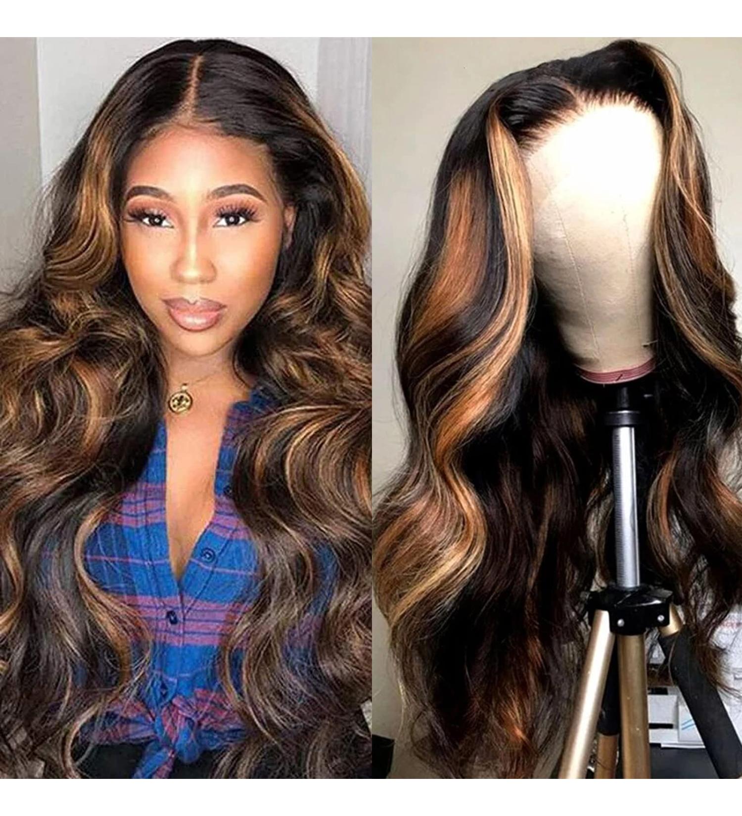 Haha Brazilian Human Hair Highlight 4x4 Lace Front Ombre Wig 16 Inch - Pre Plucked Body Wave Balayage Highlighted Brown - 150% Density - Buy Online on GoSupps.com