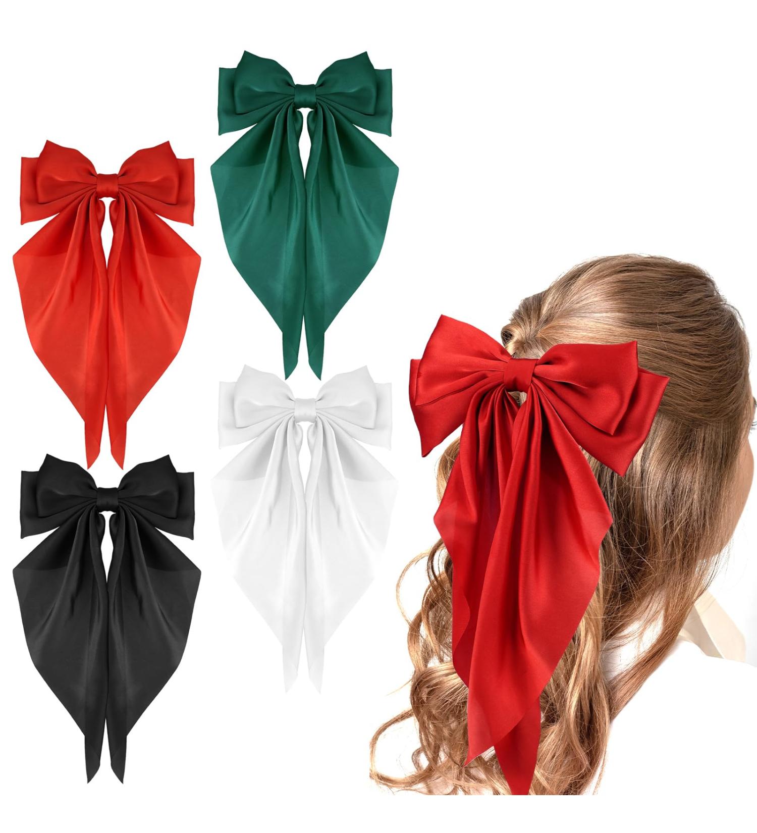 4 Pieces Silky Satin Hair Bows Ribbon Hair Barrettes Clip Big Bow Hair Clips for Women Girls French Barrette Long Tail Hair Accessories Red Dark Green Black White Black + White + Red + Dark green - Buy Online on GoSupps.com