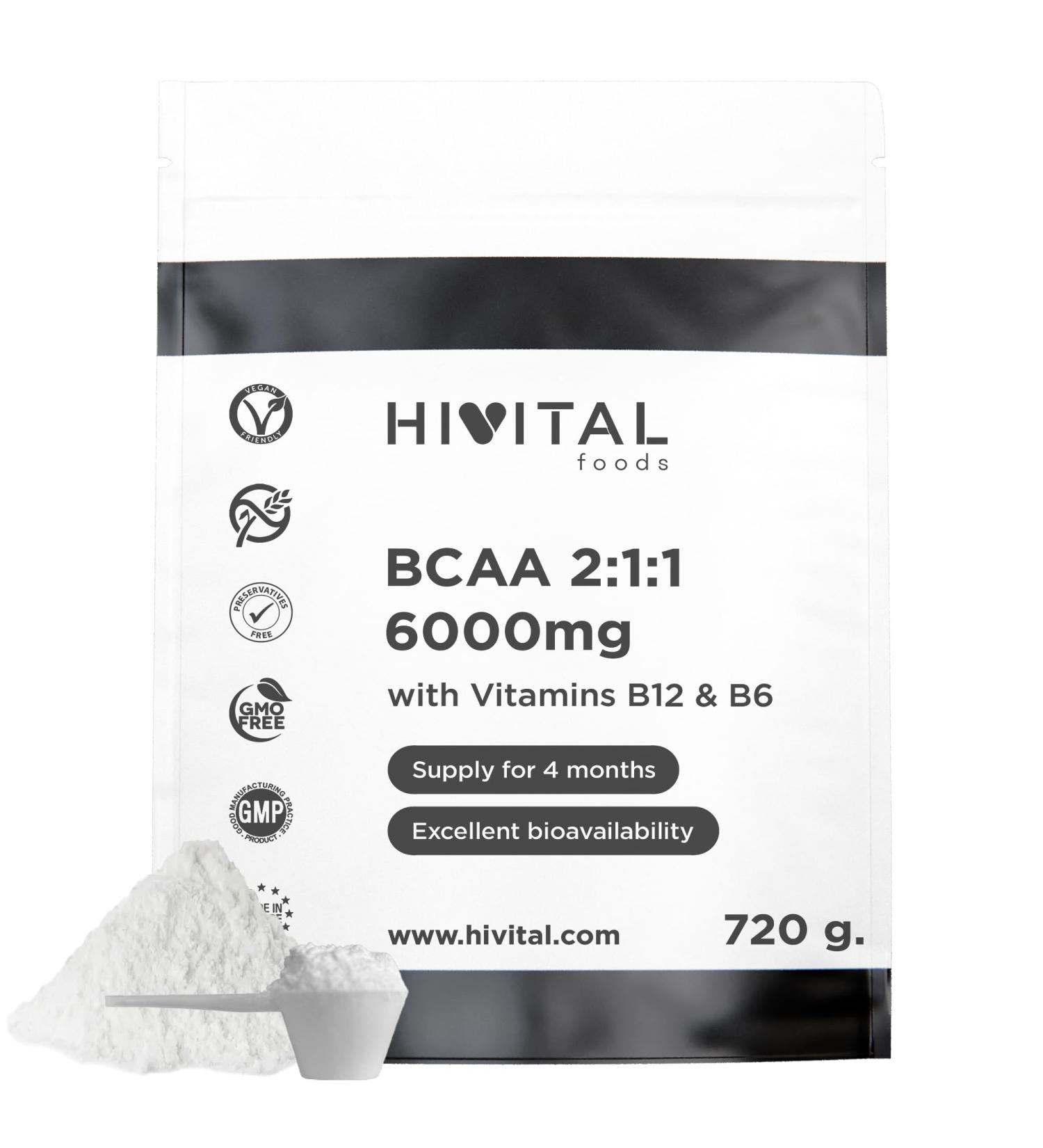 BCAA 2:1:1 6000 mg for 4 months. 720 g of Essential Amino Acids and Vitamins B12 and B6 100% Vegan Powder and Flavorless to accelerate muscle growth and recovery. - Buy Online on GoSupps.com