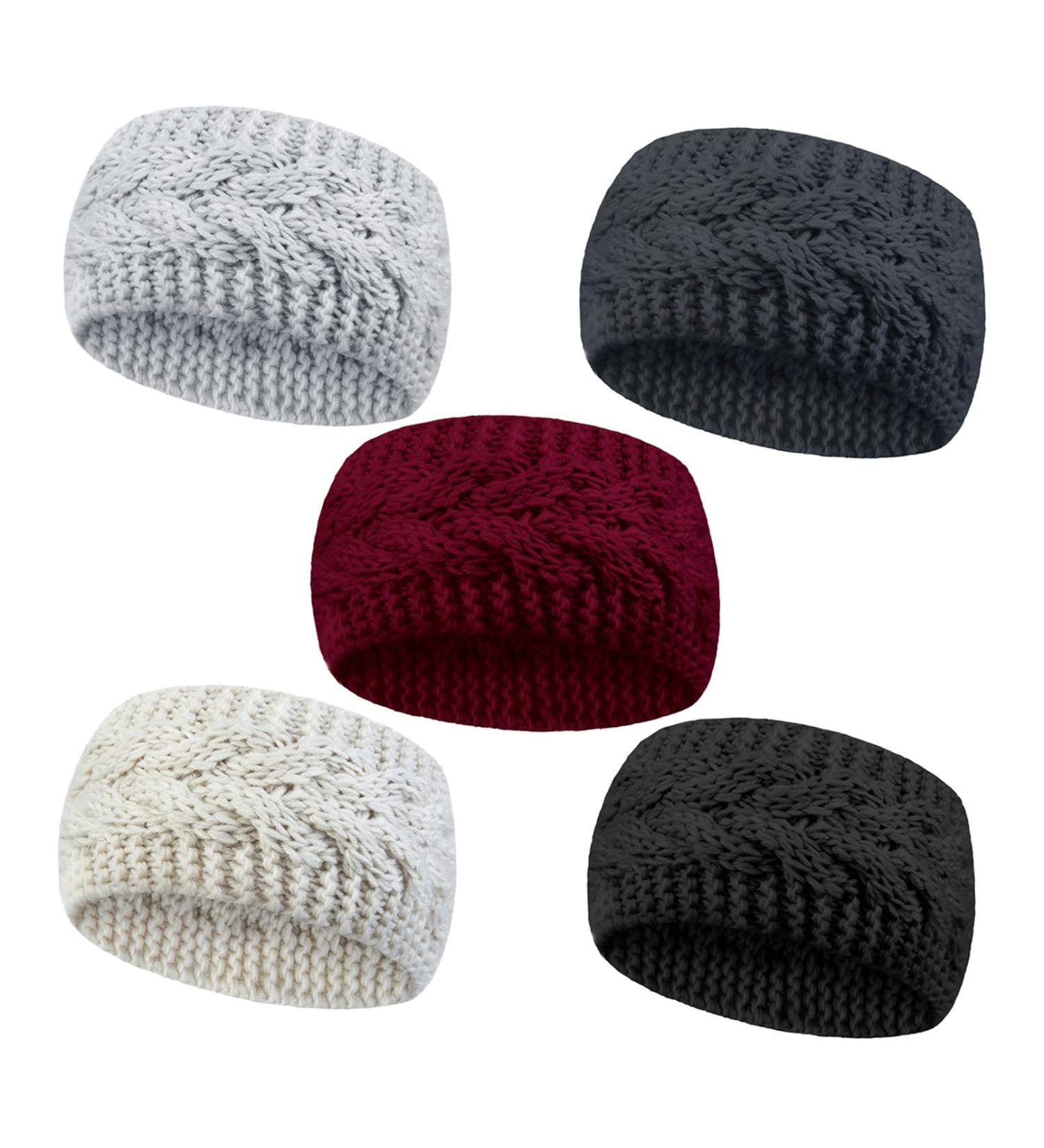 Winter Knit Headband Set - 5pcs Thermal Elastic Twist Turban Hairbands in Black, Beige, Purple, Dark Gray & Light Gray - Women's Crochet Head Wraps for Ear Warmth - Buy Online on GoSupps.com