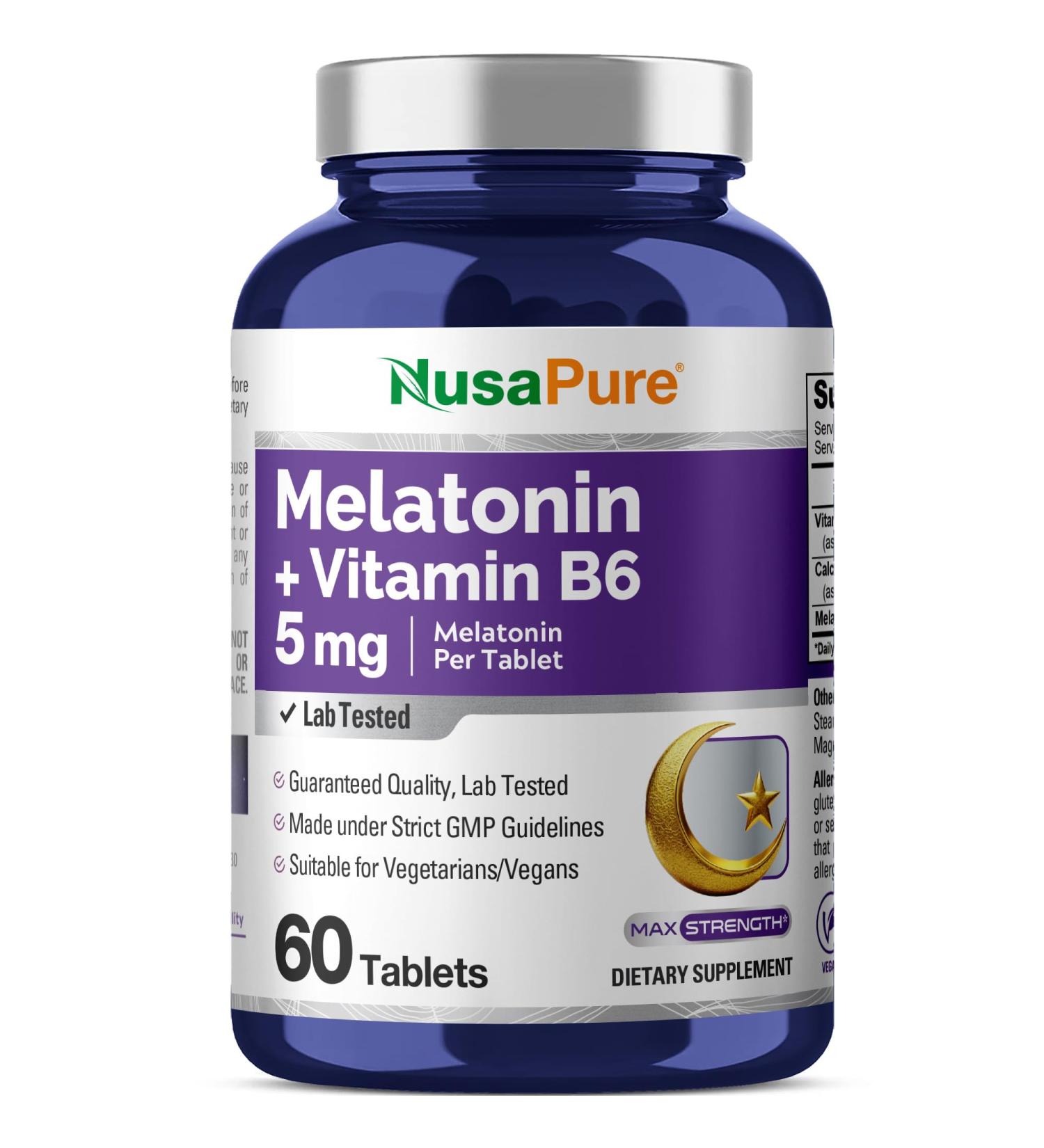 NusaPure Melatonin with Vitamin B6 & Calcium - Suitable for Vegetarian/Vegan Non-GMO - 5 mg - 60 Tablets - Buy Online on GoSupps.com