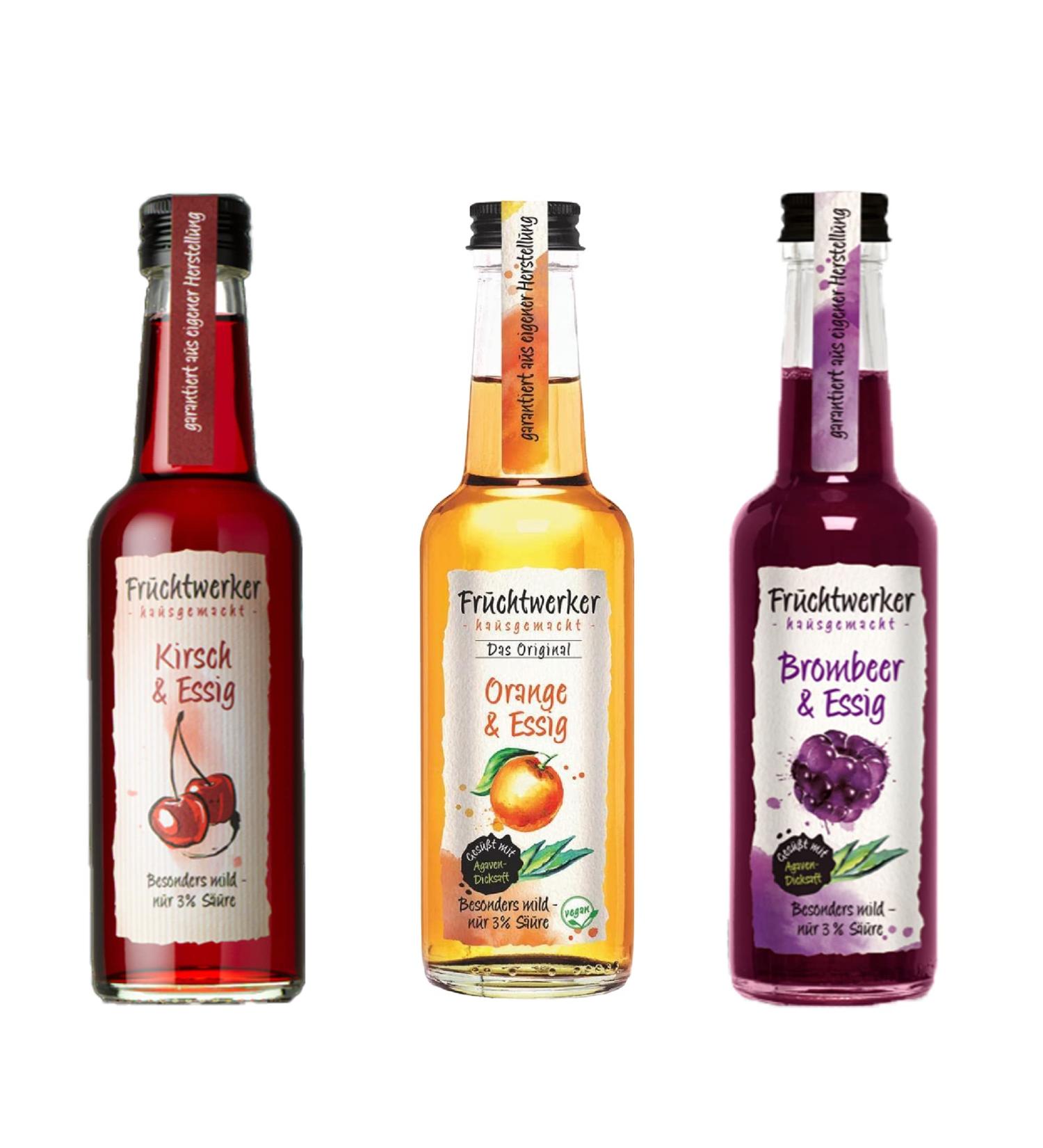 Fruchtwerker Vinegar and Fruit Set I Different Varieties I Fruity I Fruit Vinegar Set I Vinegar I Pure Vegetable I Sweet I In Glass Bottles (Cherry + Orange + Blackberry) - Buy Online on GoSupps.com
