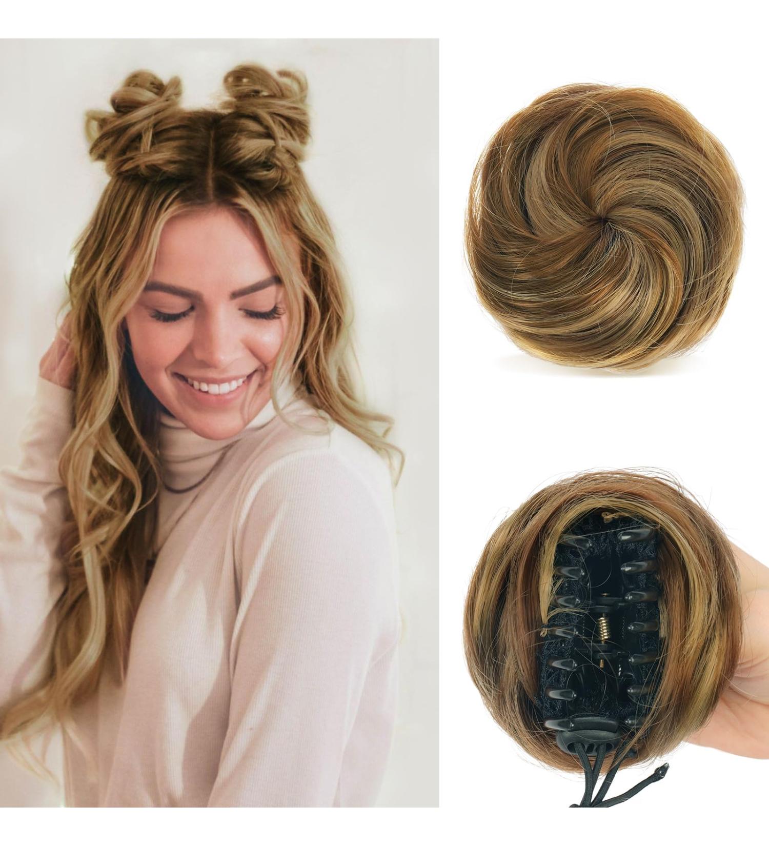 Sofeiyan 2PCS Mini Claw Clip Hair Bun Extension - Synthetic Messy Cat Ears Updo Space Bun Accessory for Women & Girls- Brown & Blonde - Buy Online on GoSupps.com