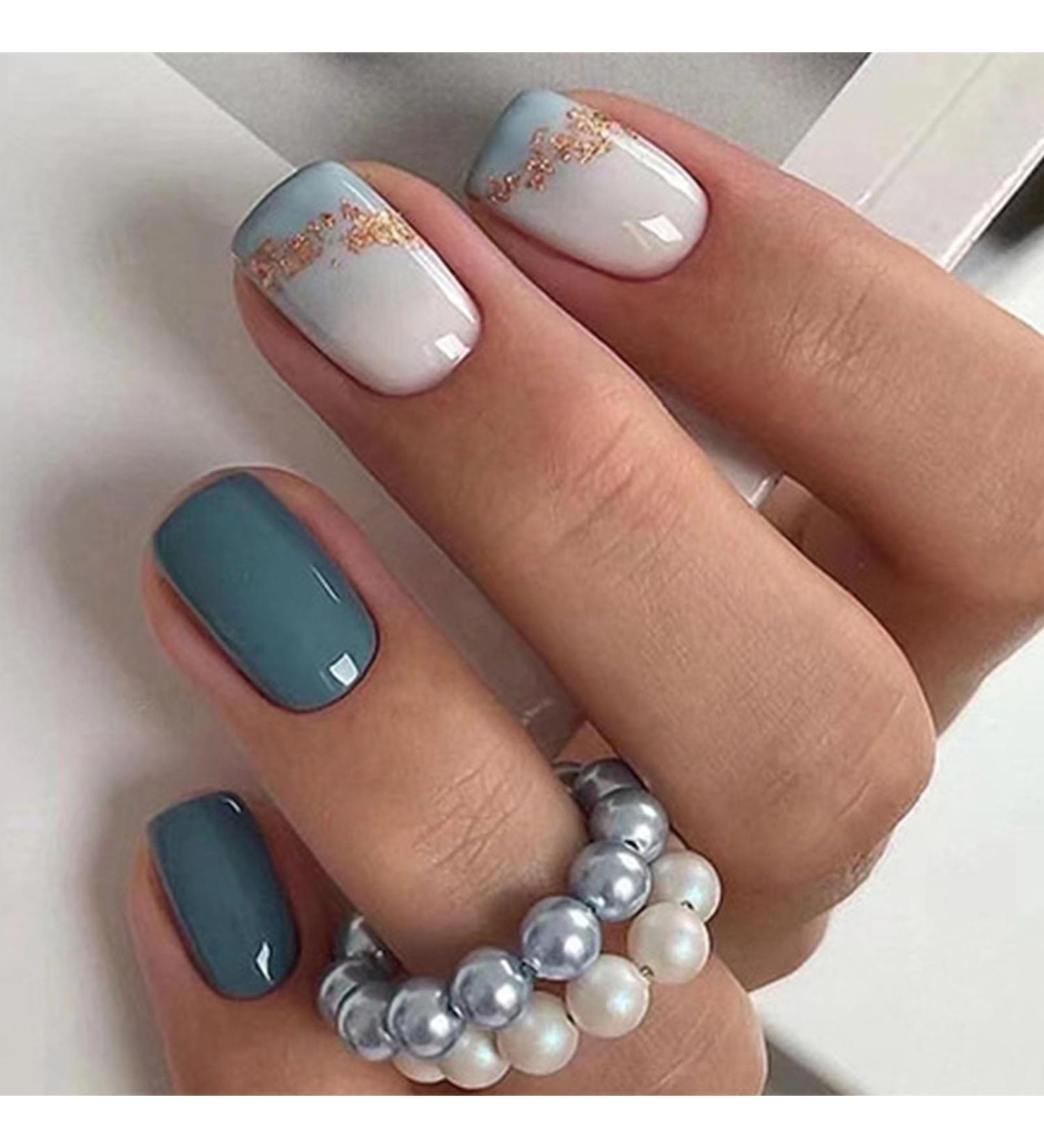 Buy Square Press on Nails - Short Sea Blue Glossy Acrylic Fake Nails with Golden Glitter | 24 Pcs Full Cover Stick-on Nails for Women & Girls - Buy Online on GoSupps.com
