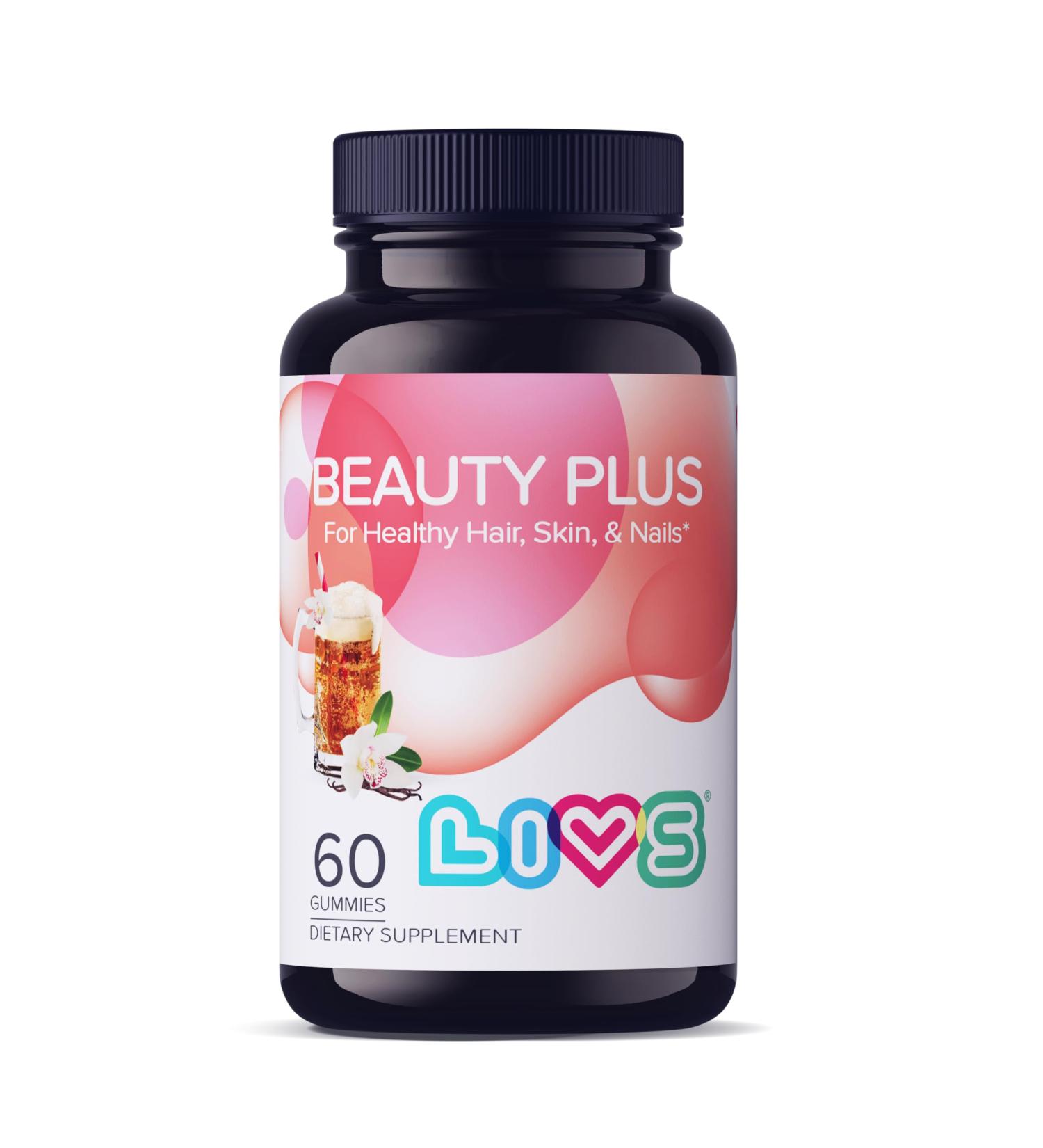 LIVS Beauty Plus Gummy Vitamins - Biotin Gummies for Hair Skin and Nails | Natural Gluten-Free Non-GMO Beauty Supplement with Vitamin A C E B12 D3 Zinc & More - Cream Soda Flavor - 60 Ct Beauty Plus Pack of 1 - Buy Online on GoSupps.com