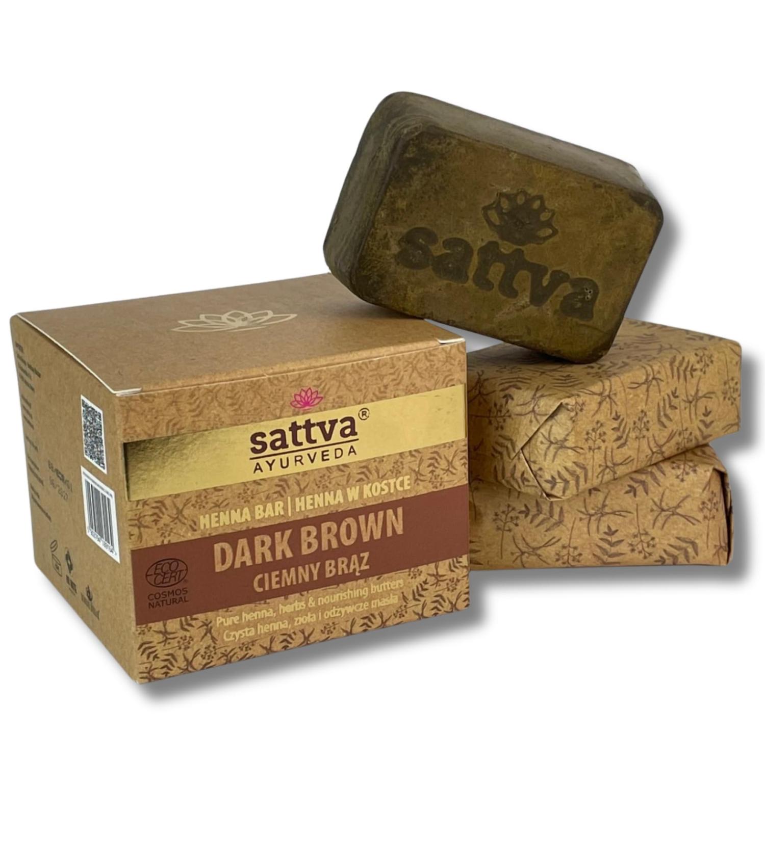 Sattva Ayurveda - Natural Hair Colour in Henna Block Dark Brown - Revolutionary Formula with Oils Organic Hair Colour Brown ECOCERT - Regenerating Plant Hair Colour Brown - 3 Blocks of 80 g - Buy Online on GoSupps.com