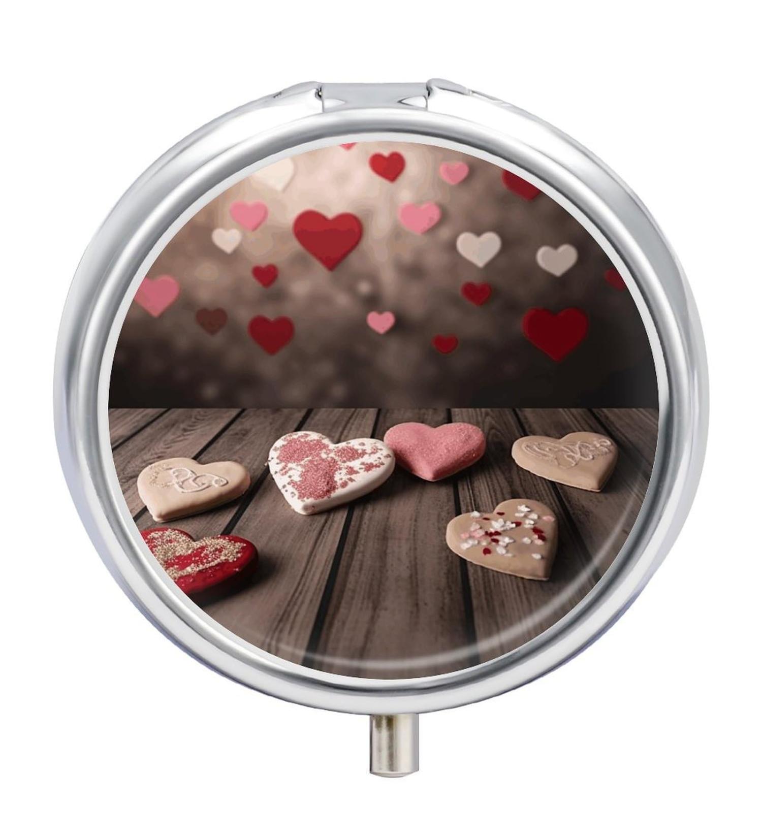Valentine's Day Round Pill Box - 3 Compartment Decorative Metal Organizer | Portable Pocket Pill Case - Buy Online on GoSupps.com