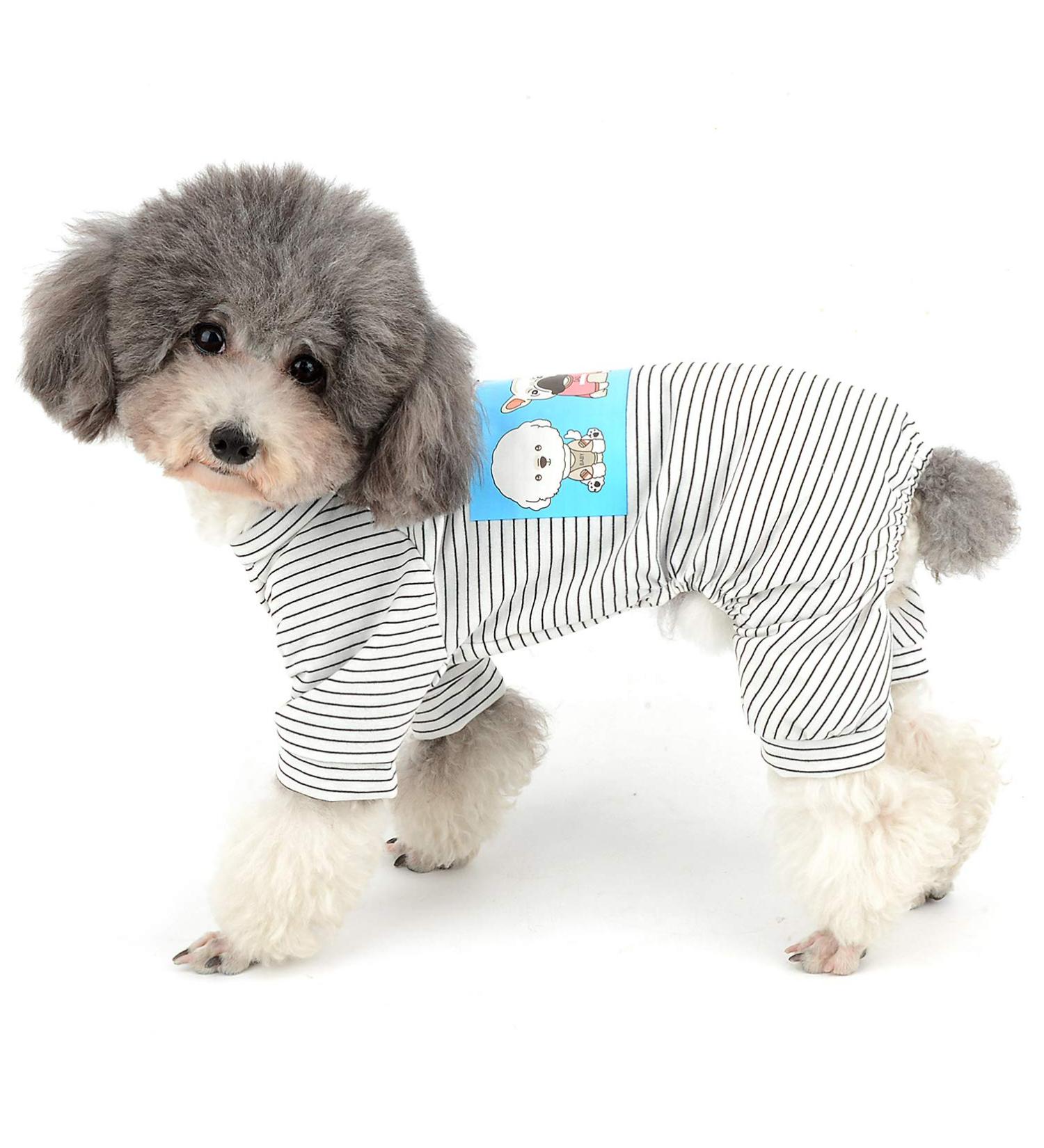 Ranphy Cotton Striped Dog Pajamas | Cute Cartoon Hoodie Jumpsuit for Small Dogs | 4-Legged Pet Overall | International Shipping Available - Buy Online on GoSupps.com