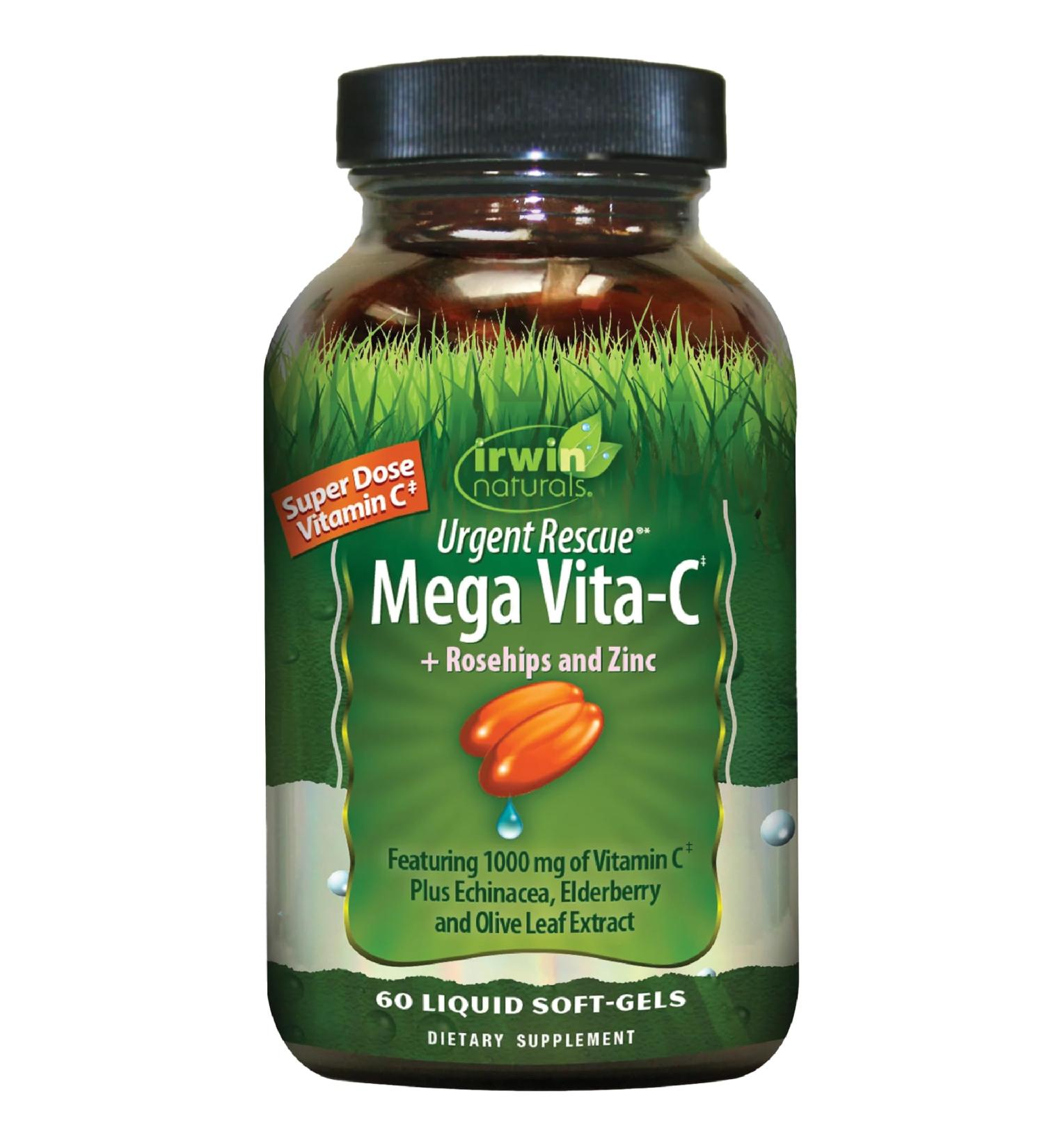 Irwin Naturals Urgent Rescue Mega Vita-C - 60 Liquid Softgels - 1,000 mg of Vitamin C - Immune Support Supplement with Rosehips and Zinc - Buy Online on GoSupps.com