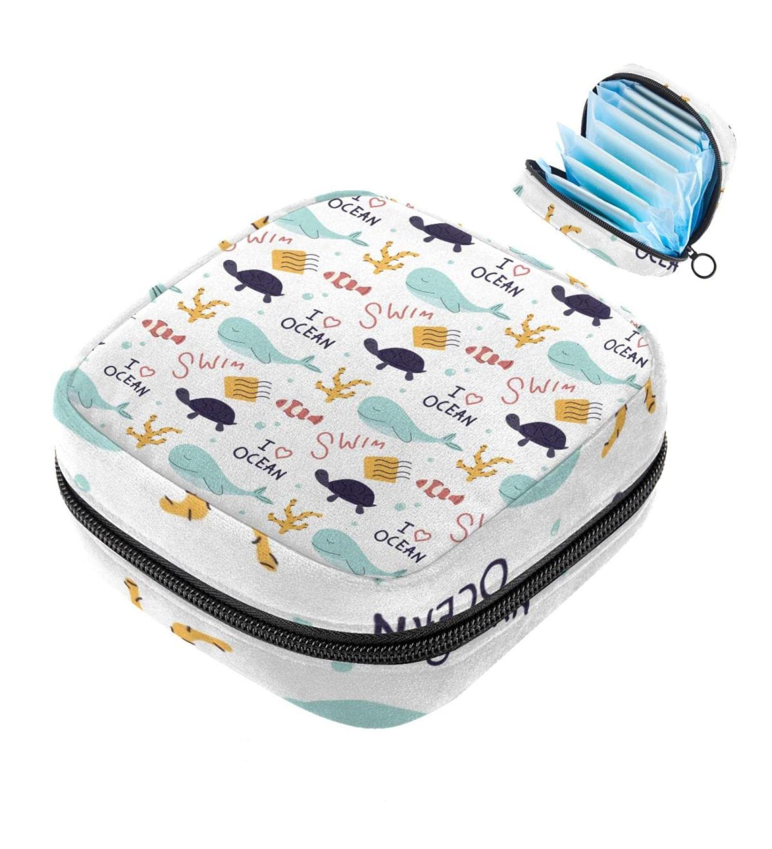 Portable Sanitary Napkin Storage Bag - Marine Design with Dolphin Sea Turtle & Fish - Ideal for Menstrual Cup & Women's Period Needs - Buy Online on GoSupps.com