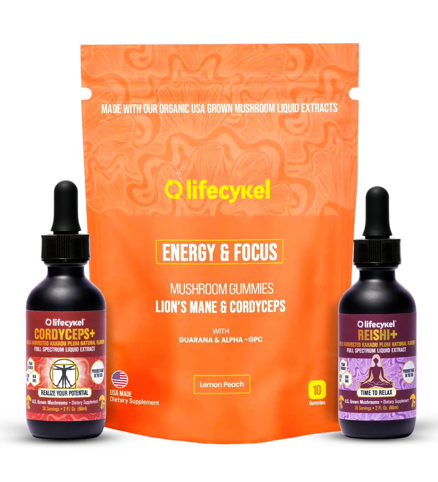 Life Cykel Cordyceps & Reishi Mushroom Extract Liquid Duo Potent 1oz Tinctures with Included Energy & Focus Gummies (10-Count) for Enhanced Vitality Immune Support & Mental Clarity - Buy Online on GoSupps.com