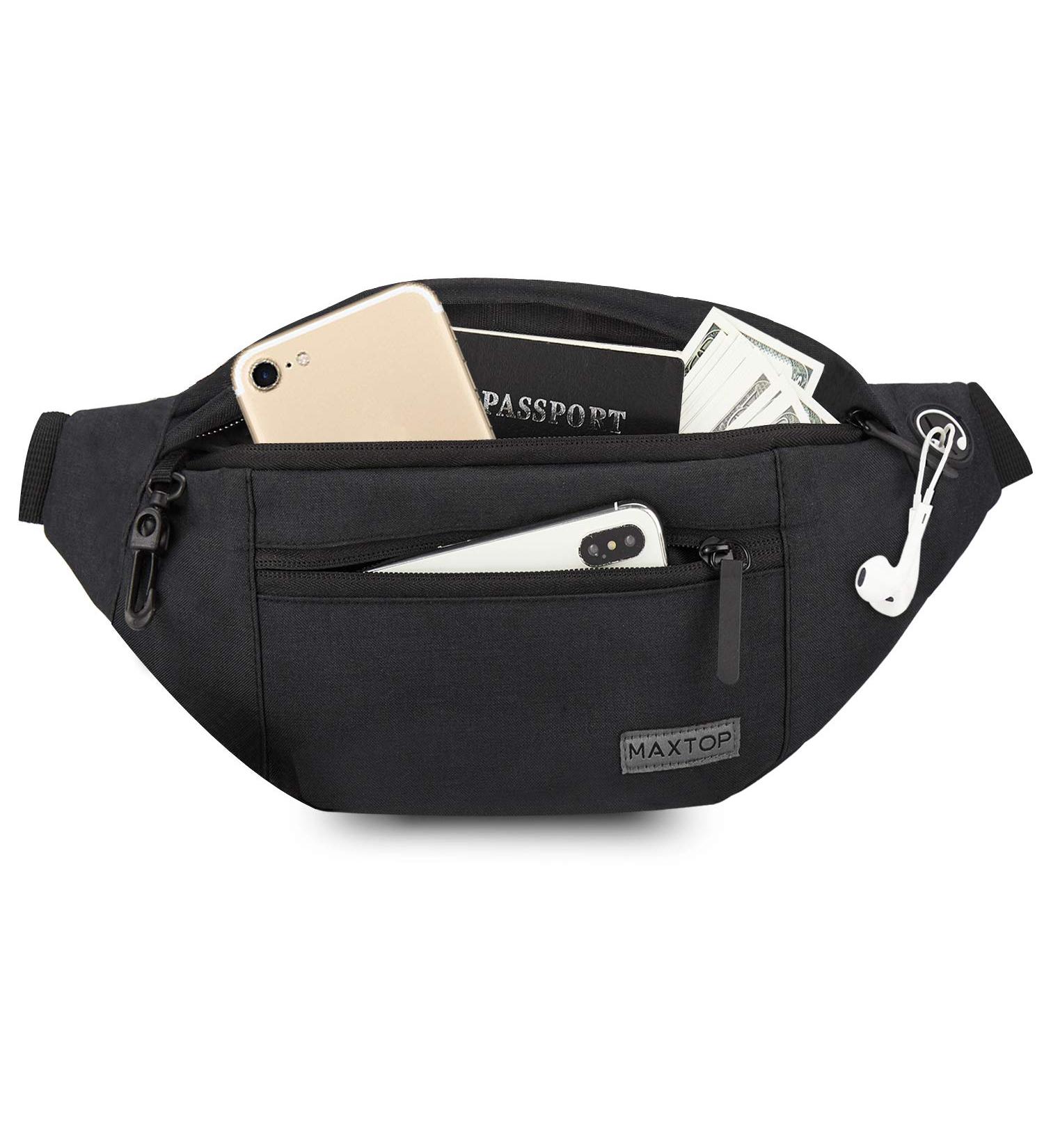 Maxtop Hip Pocket for Men & Women - Unisex Adjustable Belt with Headphone Connection & 4 Zipper Pockets - Perfect for Hiking & Training - Black L - Buy Online on GoSupps.com