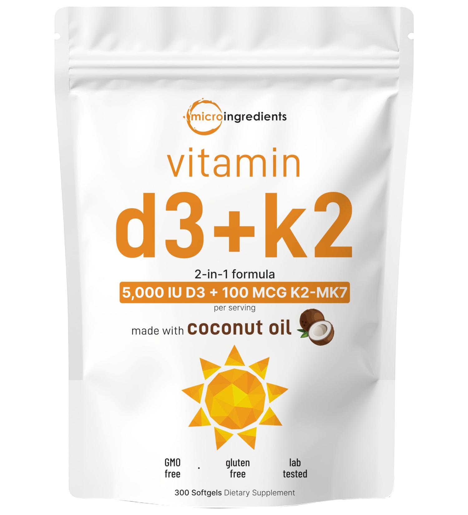 Micro Ingredients Vitamin D3 5 000 IU + K2 MK-7 100 mcg 300 Softgels | Virgin Coconut Oil | 2-in-1 Bone Immune & Heart Support | Easy to Swallow Non-GMO 300 Count (Pack of 1) - Buy Online on GoSupps.com