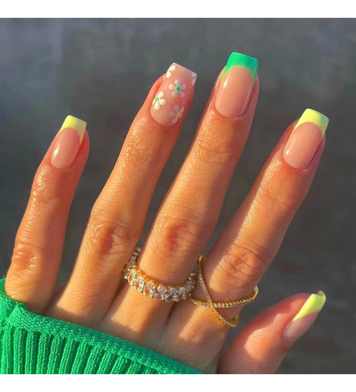 24Pcs Short French Green Press on Nails with Glue - Elegant Square False Nails for Women & Girls | Glossy Acrylic, Full Cover Stick on Nails - Style 7 - Buy Online on GoSupps.com