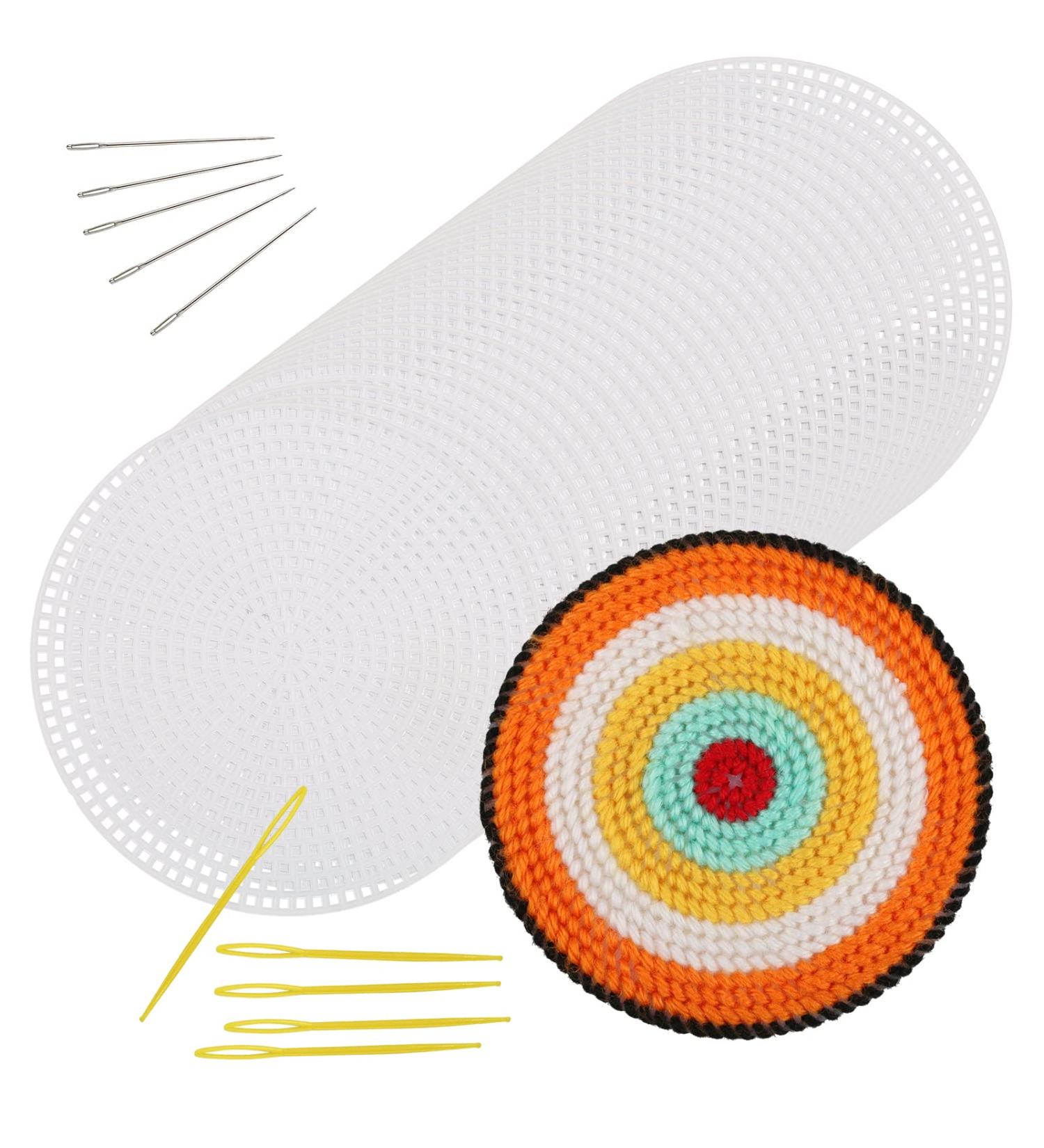 Pllieay 30 Pieces 7 Count Circle Plastic Mesh Canvas Sheets for Embroidery with Sewing Needles - Ideal for Acrylic Yarn Crafting and Knit Projects (4.5 inch/11.5cm) - Buy Online on GoSupps.com