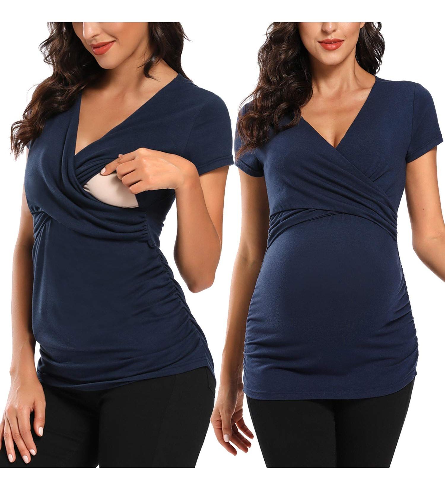 Love2Mi Maternity Nursing Shirt - Short Sleeve V-Neck Breastfeeding T-Shirt - Navy [Size S] - Buy Online on GoSupps.com