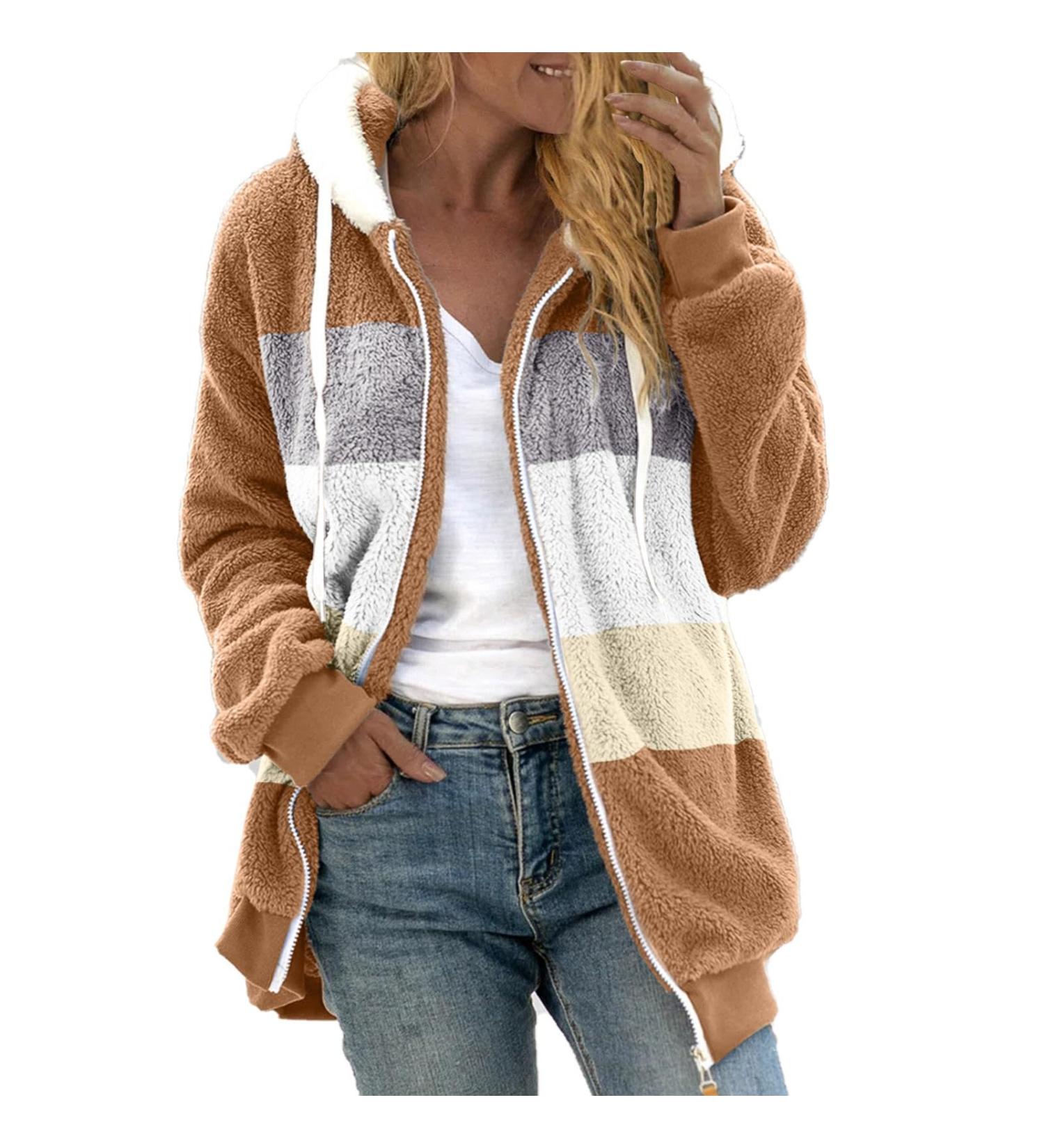 Hanxiulin Women's Fleece Jacket - Windproof Plush Coat Thick Synthetic Fur Light Outdoor Casual Fashion in Khaki - Buy Online on GoSupps.com