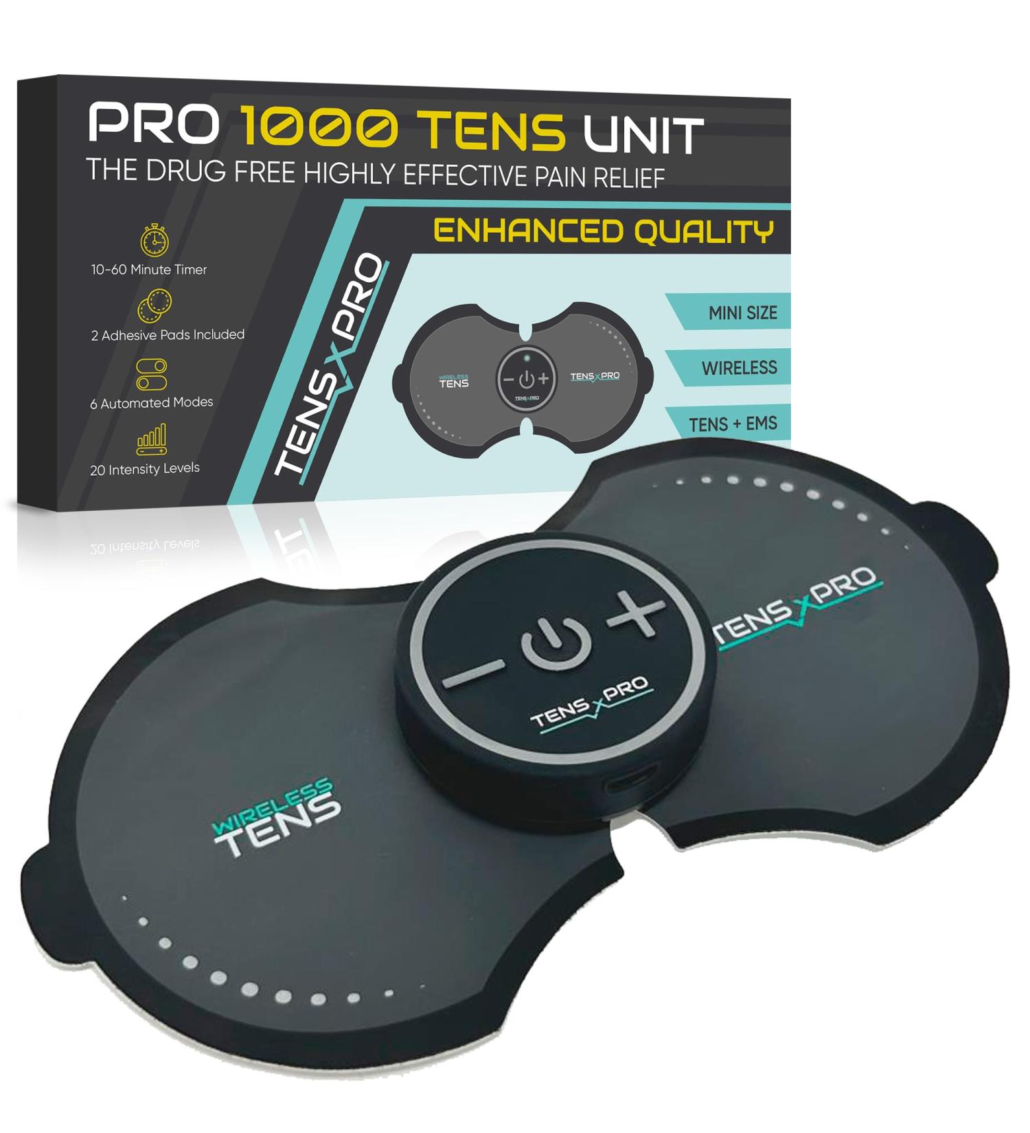 Pro 1000 Wireless Tens Unit - Portable Electric Muscle Stimulator for Pain Relief | Deep Tissue EMS Therapy Device - Mini Tens Massager for Back Neck Shoulder Leg Arm (2 Pads - Buy Online on GoSupps.com
