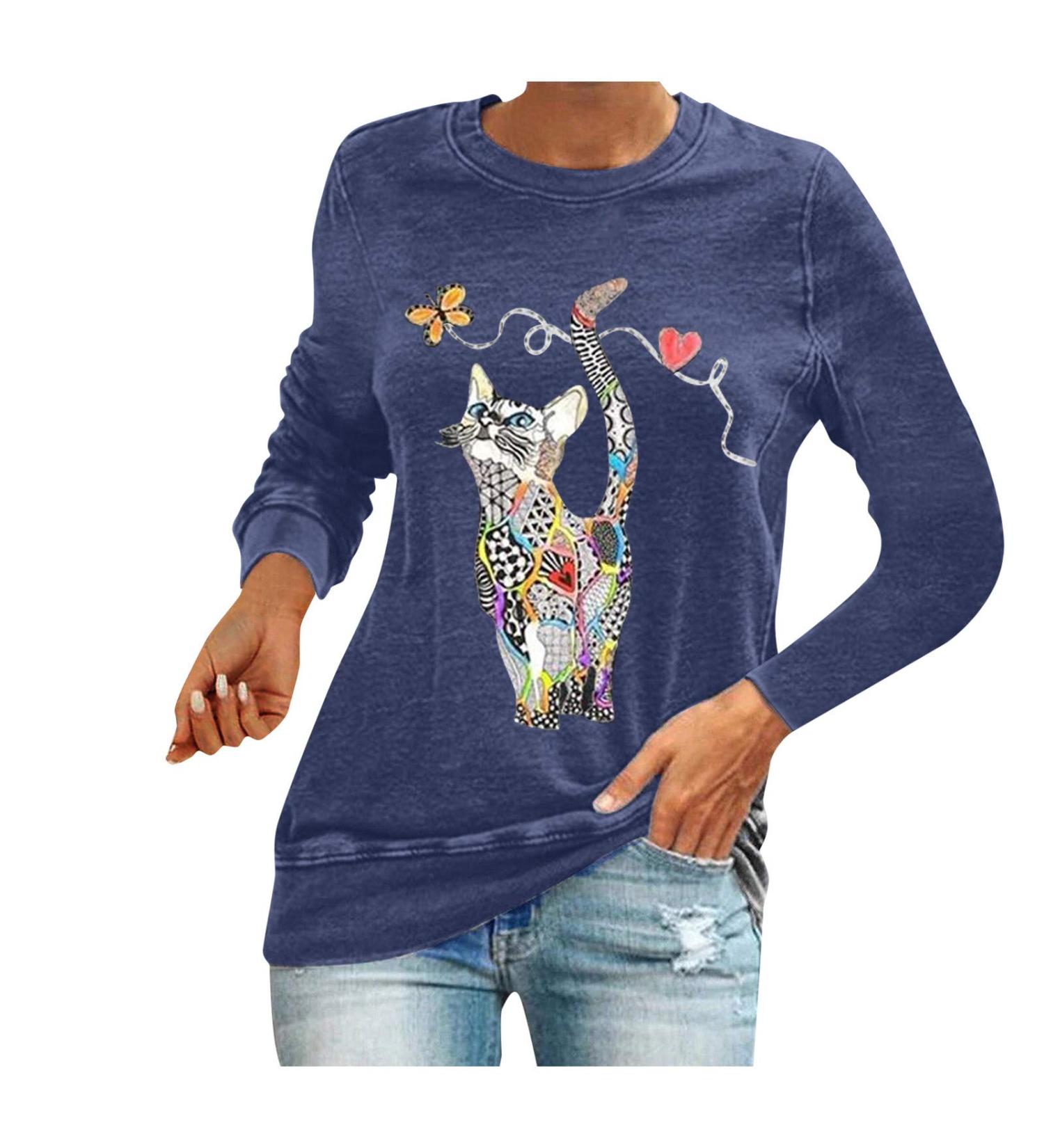 NHNKB Sweatshirt Women's Black Long Sleeve Women's Sweatshirt Cotton T-Shirt Women's with Print Cat Top Women's Black Elegant Casual Neck Shirt Women Blouse Long Sweatshirts Jumper Sleeves M Blue - Buy Online on GoSupps.com