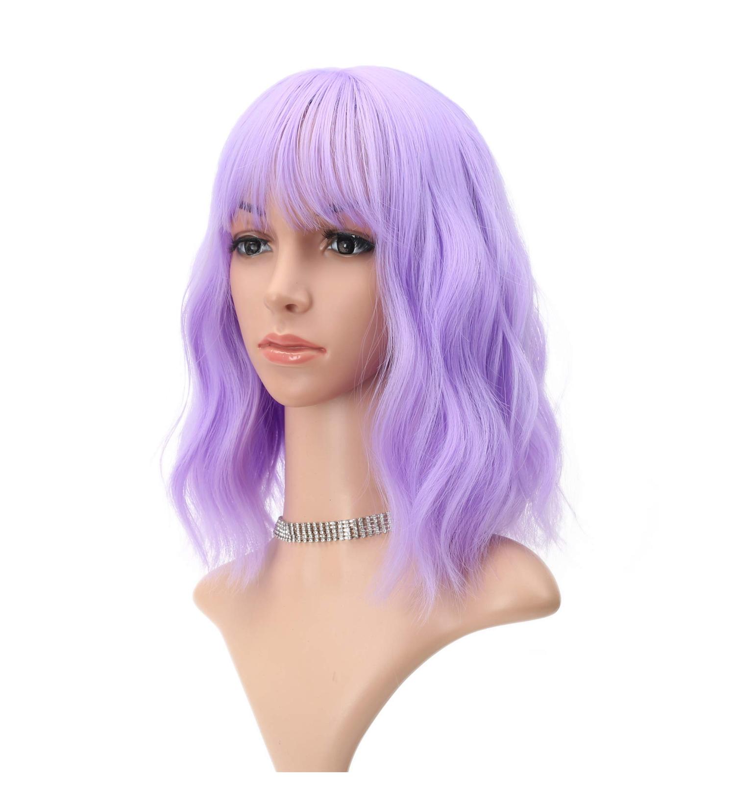 FAELBATY Short Purple Wavy Wig with Air Bangs - Shoulder Length Synthetic Halloween Cosplay Wig for Women - Curly Wavy Style for Girls (12 Purple) - Buy Online on GoSupps.com