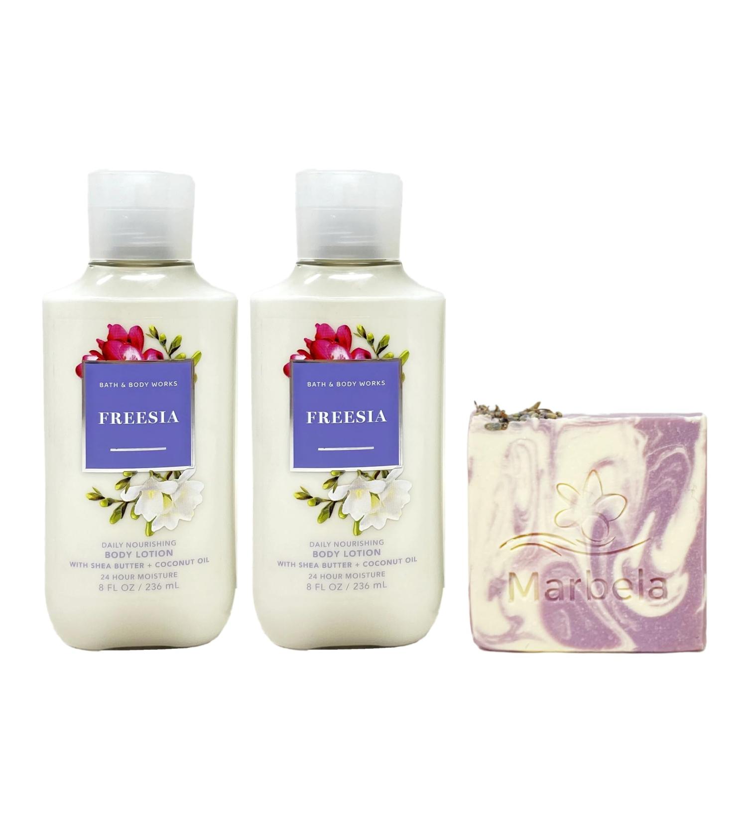 Bath & Body Works Freesia 2 Piece Daily Nourishing Body Lotion Bundle with a Lavender Dream Bar Soap - Full Size