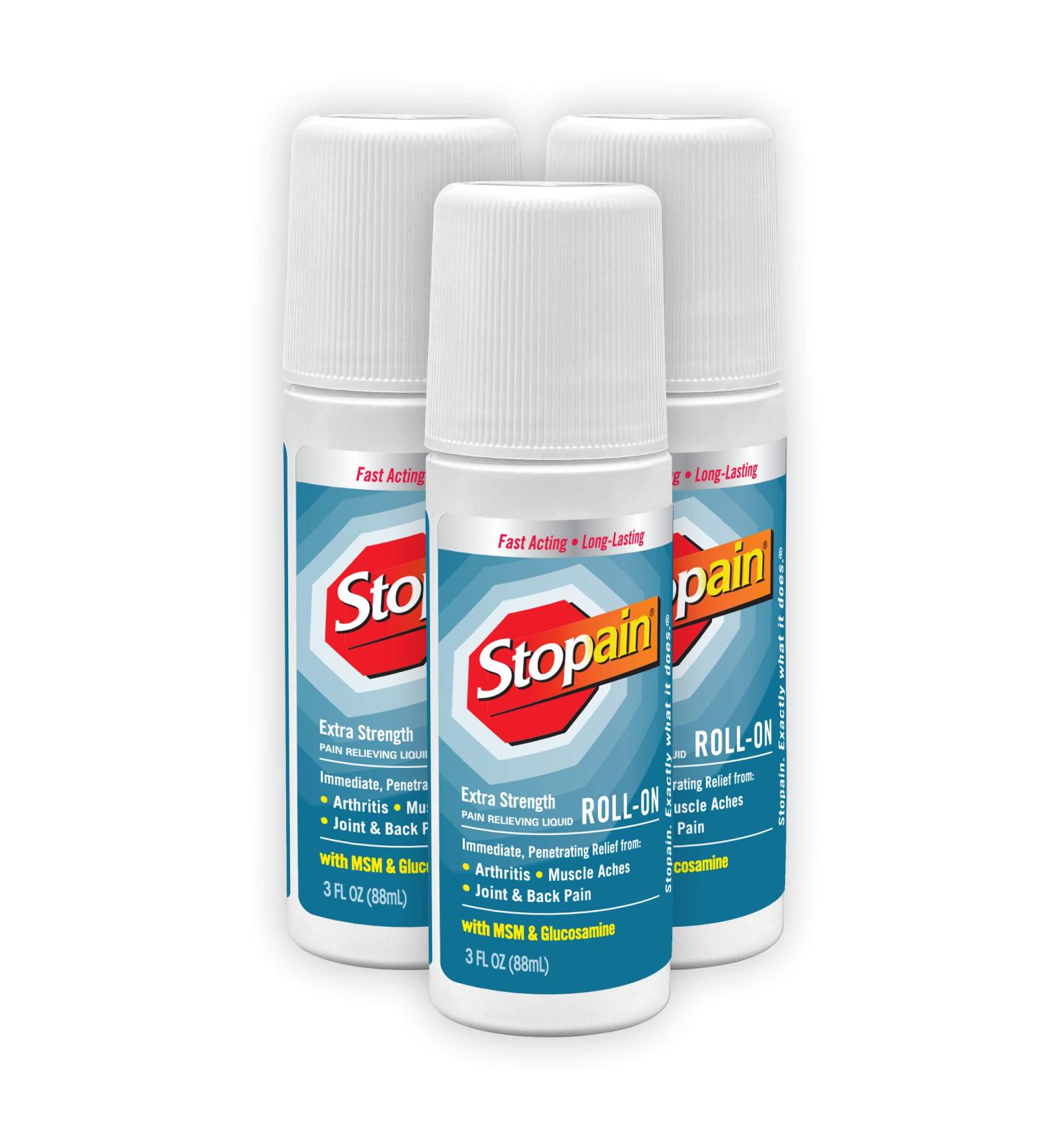 Stopain Pain Relief Roll On Gel 3oz (3 Pack) USA Made Max Strength Fast Acting With MSM Glucosamine Menthol Lower Back Knee Neck HSA FSA Approved Topical Analgesic Products