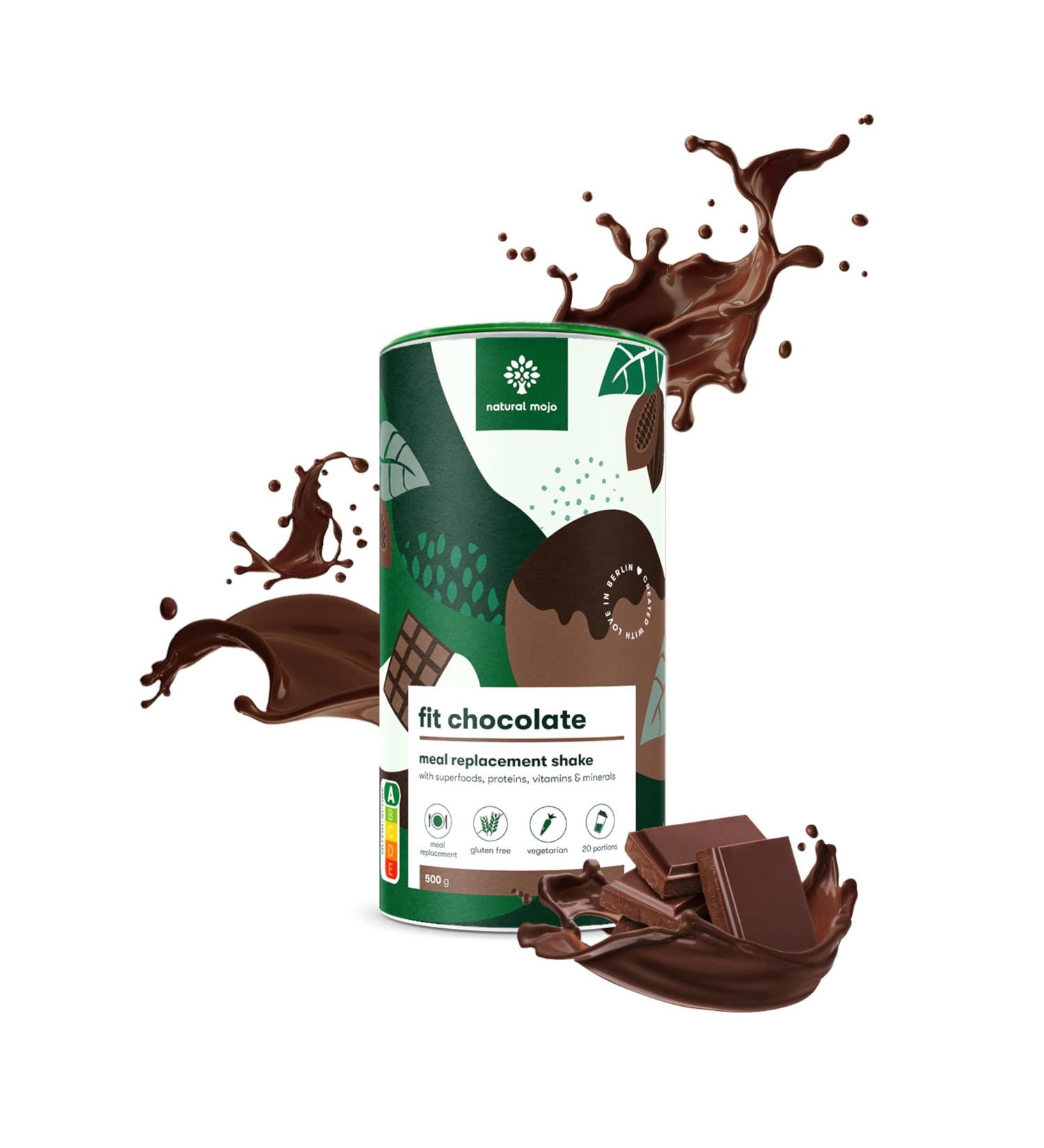 Natural Mojo fit Chocolate (500 g) - Vegetarian meal replacement with valuable nutrients proteins and superfoods - Fit Shake for conscious eating with chocolate flavour - Buy Online on GoSupps.com