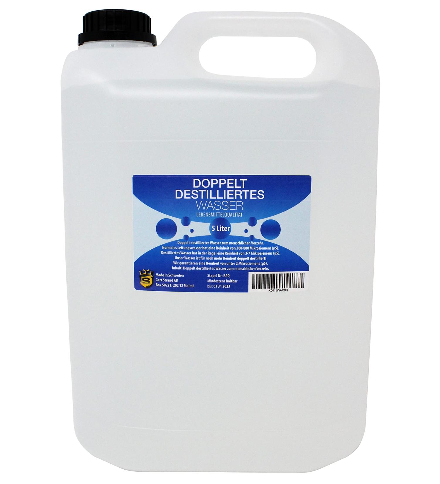 Double distilled water 5 L |High purity degree of 2 microsiemens |Pure water |Suitable for drinking and cooking |Tasteless |Hochrein |Germ and chlorine-free