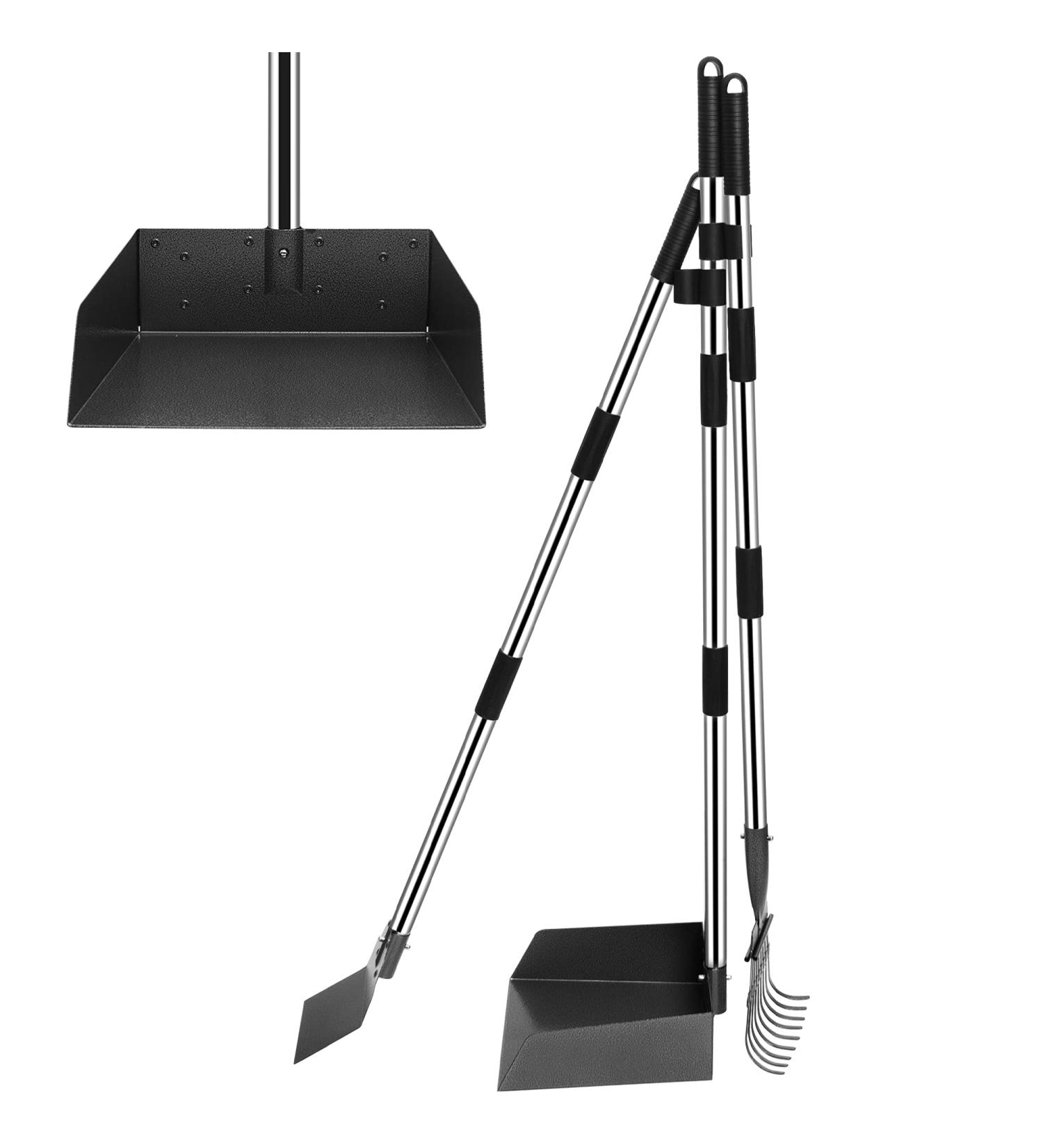 Niubya Extra Large Dog Pooper Scooper with Long Handle - Metal Pet Poop Tray and Rake Set for Large and Small Dogs on Dirt, Gravel, Lawns, and Grass - Silver/Black - Buy Online on GoSupps.com
