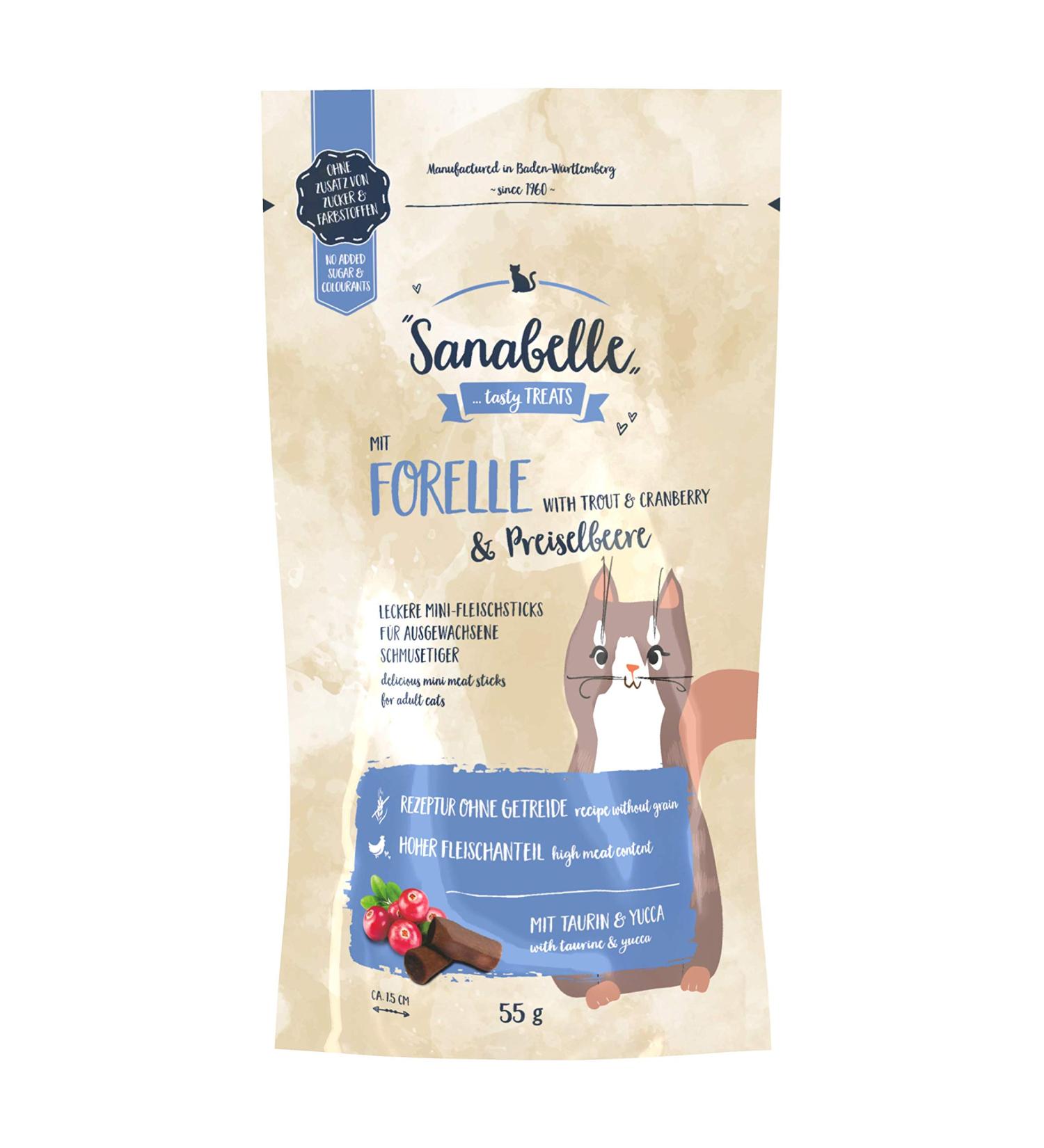Sanabelle Snack Trout & Cranberry | Mini Meat Sticks for Adult Cats | 20 x 55g Pack - Delicious Treats for Cat Lovers - Buy Online on GoSupps.com