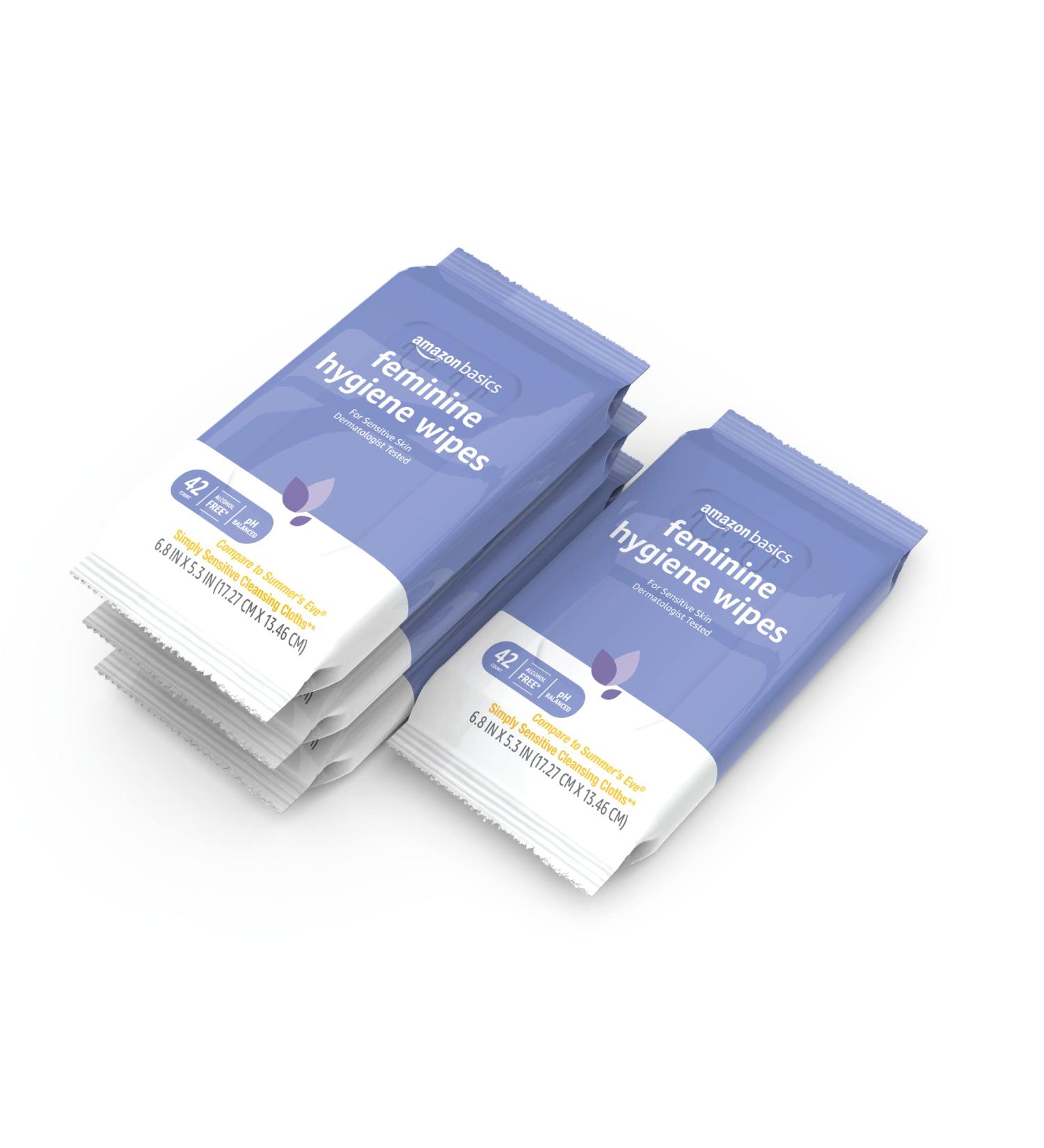 Amazon Basics Feminine Hygiene Wipes - Alcohol Free, pH Balanced, Fresh Scent - 168 Wipes (4 Packs of 42) - Buy Online on GoSupps.com
