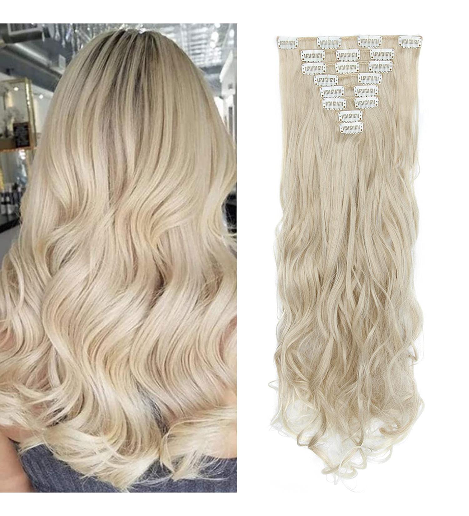Clip-In Hair Extensions - 60cm Wavy Ashblond & Bleach Blonde | 18 Clips for Full Head | Realistic Synthetic Tressen - Buy Online on GoSupps.com