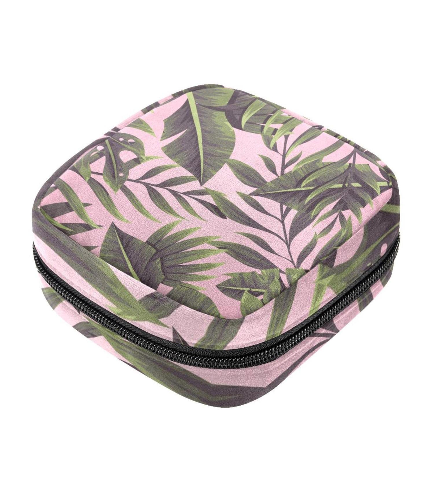 Large Capacity Women's Travel Storage Bag | Menstrual Cup Pocket & Makeup Organizer - Tropical Leaves Design - Buy Online on GoSupps.com