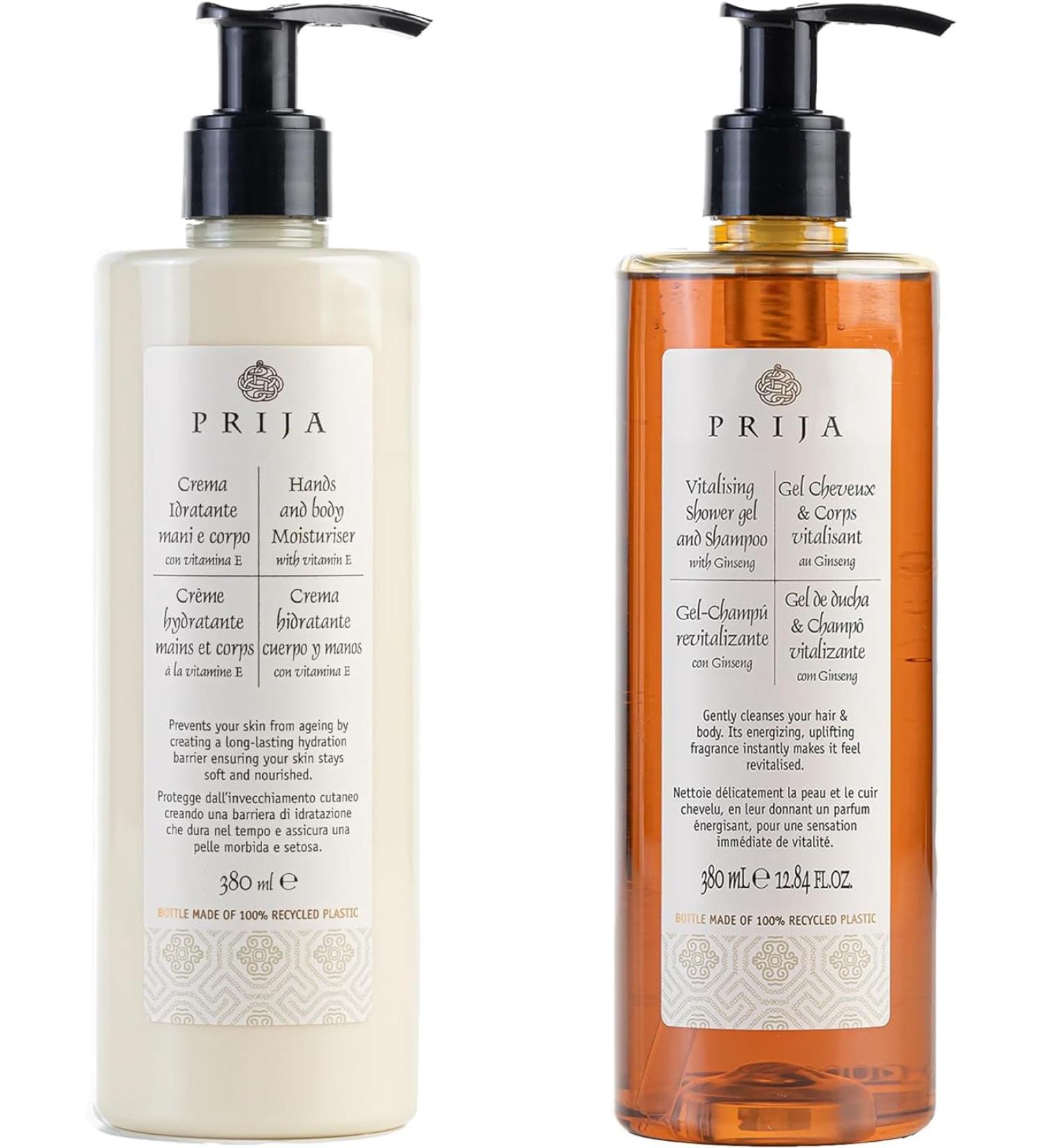 Prija Hand and Body Lotion & 2-in-1 Shower Gel/Shampoo with Ginseng Extract - 2 x 380ml | Nourishing Vitamin E Body Care - Buy Online on GoSupps.com