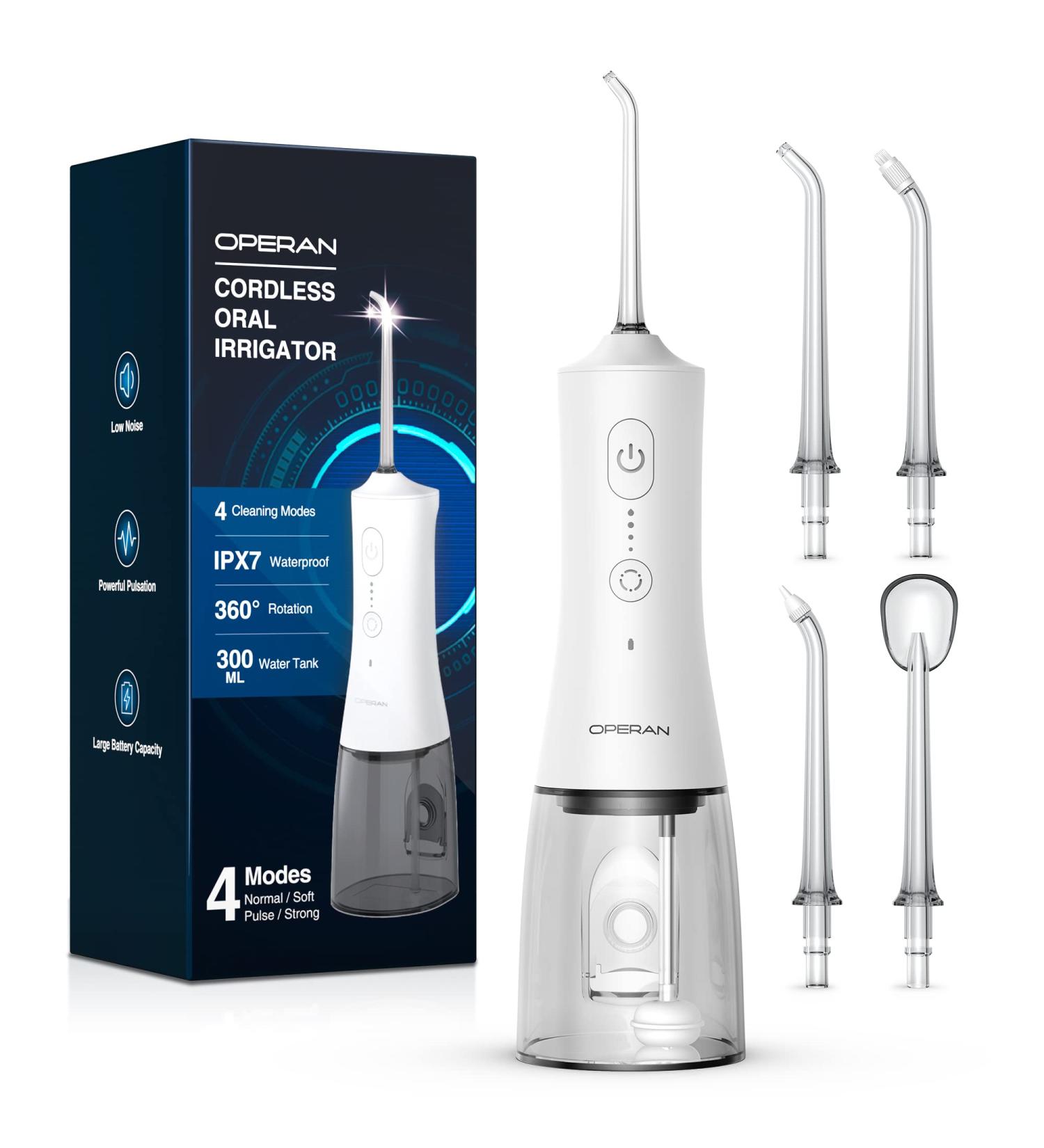 Operan Upgraded Cordless Water Flosser - 300ml, IPX7 Waterproof, USB Rechargeable - White - Buy Online on GoSupps.com