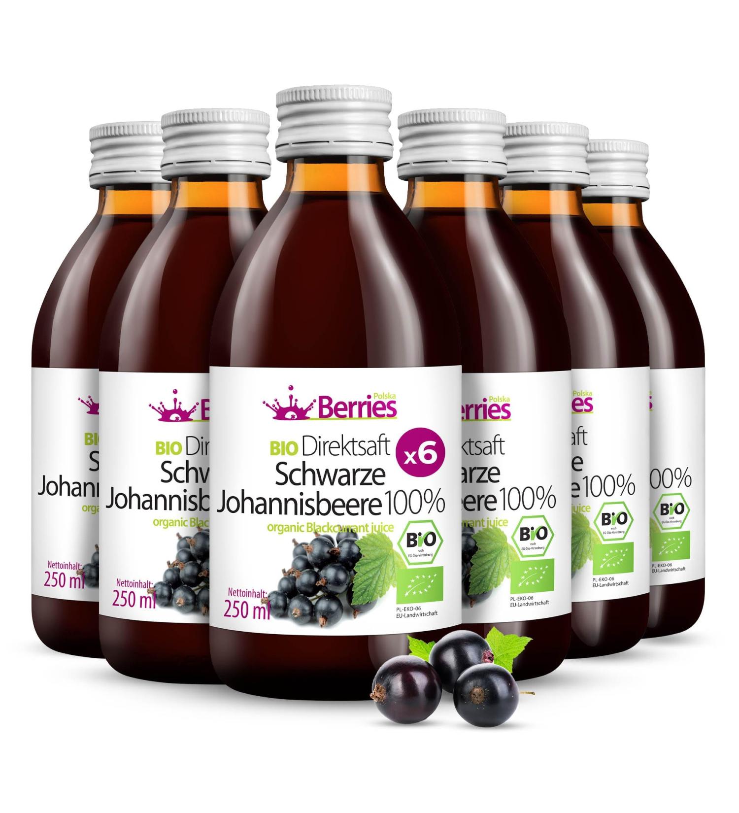 Organic Black Currant Juice 6 Pack (250ml) - 100% Cold-Pressed Vegan No Sugar GMO-Free - Berriespolska Authentic Taste - Buy Online on GoSupps.com