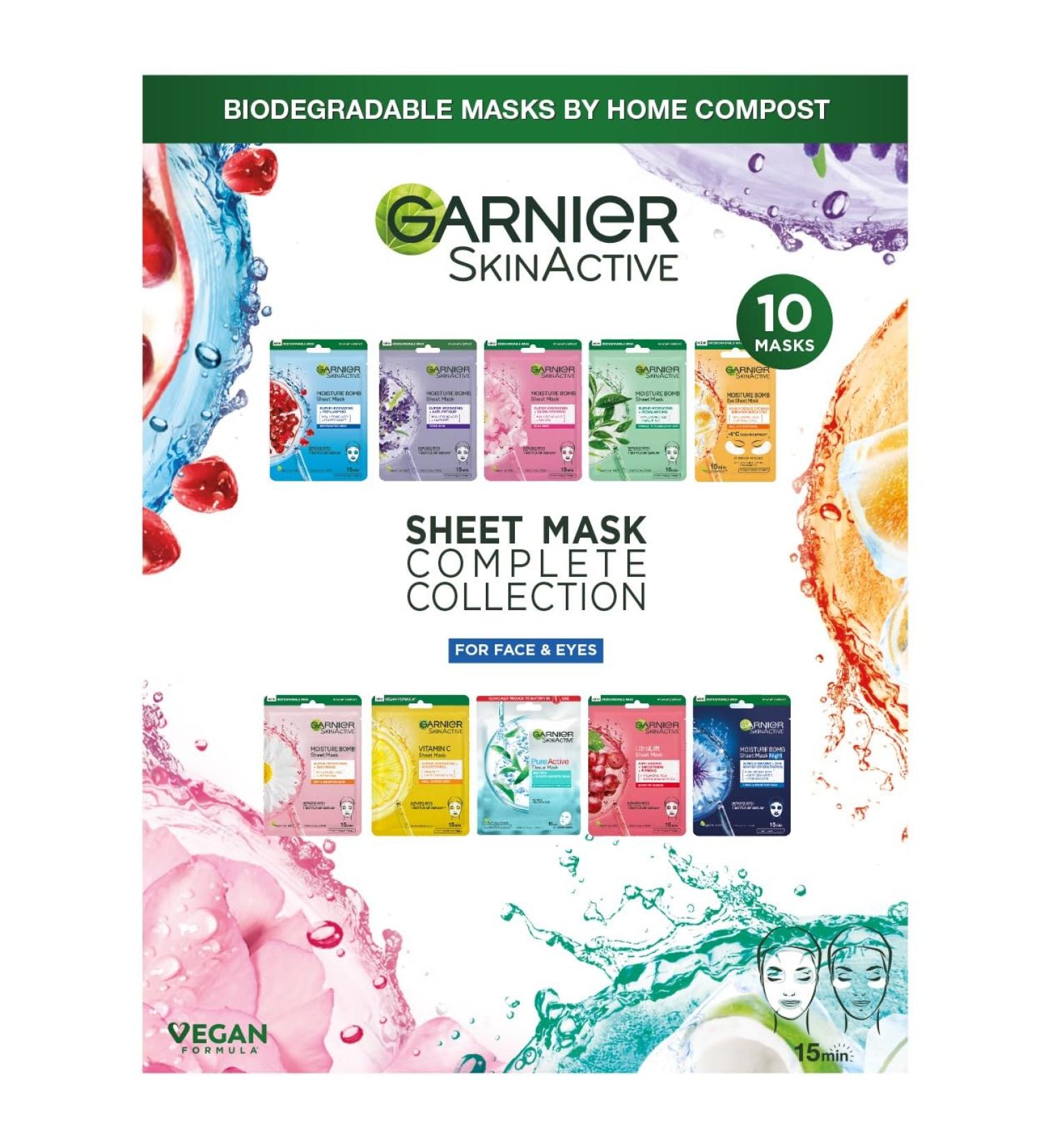 Garnier Sheet Masks Complete Collection Set of Sheet Masks for Face and Eyes With Natural Plant Extracts Hyaluronic Acid Serum and Vegan Biodegradable Tissue SkinActive 10 Pieces Complete collection 10 pack - Buy Online on GoSupps.com