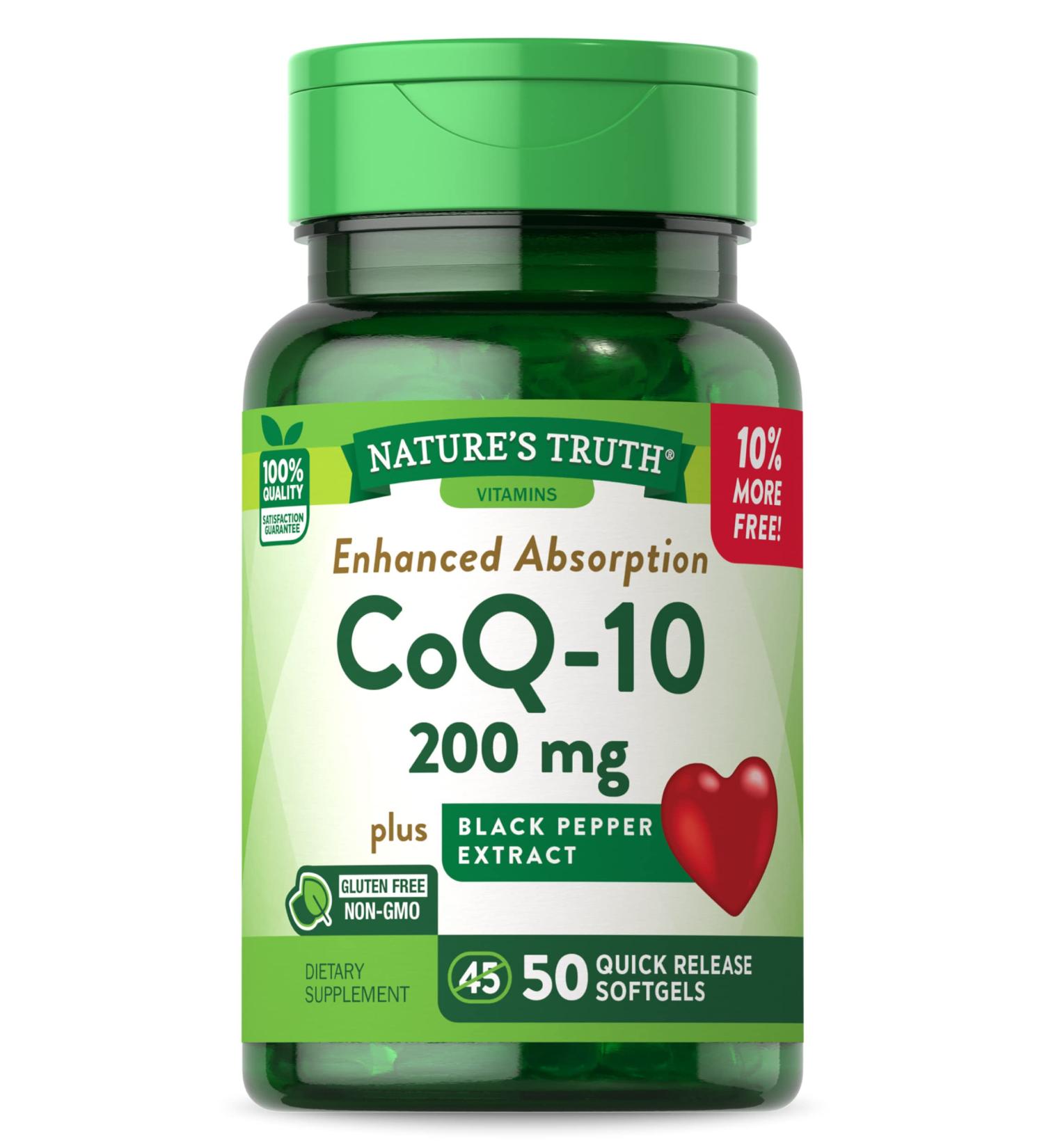 Nature's Truth CoQ10 200 mg Softgels - Enhanced Absorption Supplement with Black Pepper Extract | Non-GMO Gluten Free | 50 Count for Optimal Health - Buy Online on GoSupps.com