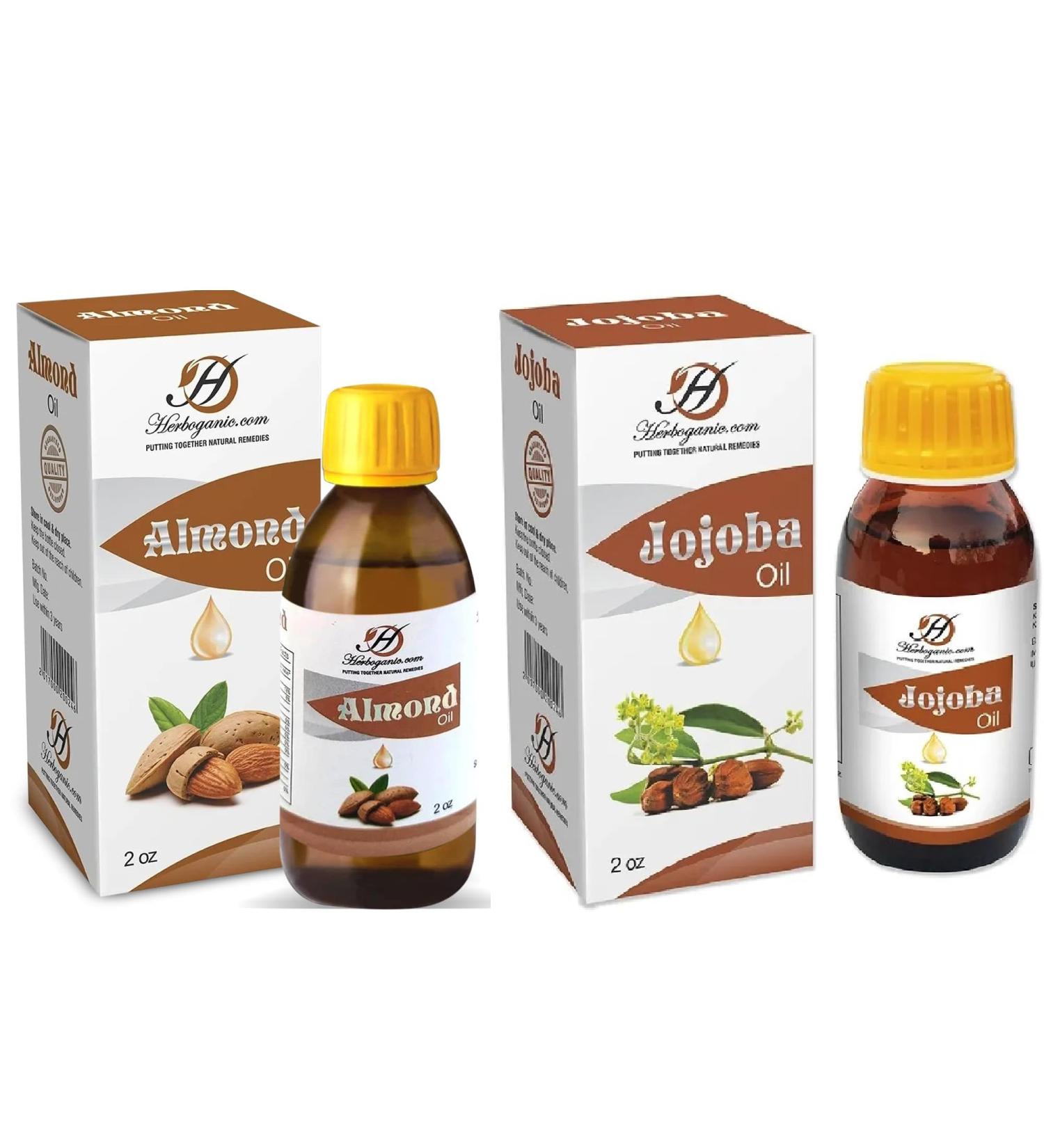 HERBOGANIC Jojoba Oil and Almond Oil Bundle - 2 oz Each Bottle | Cold-Pressed Moisturizing Oil for Skin and Hair Care | Essential Oils |