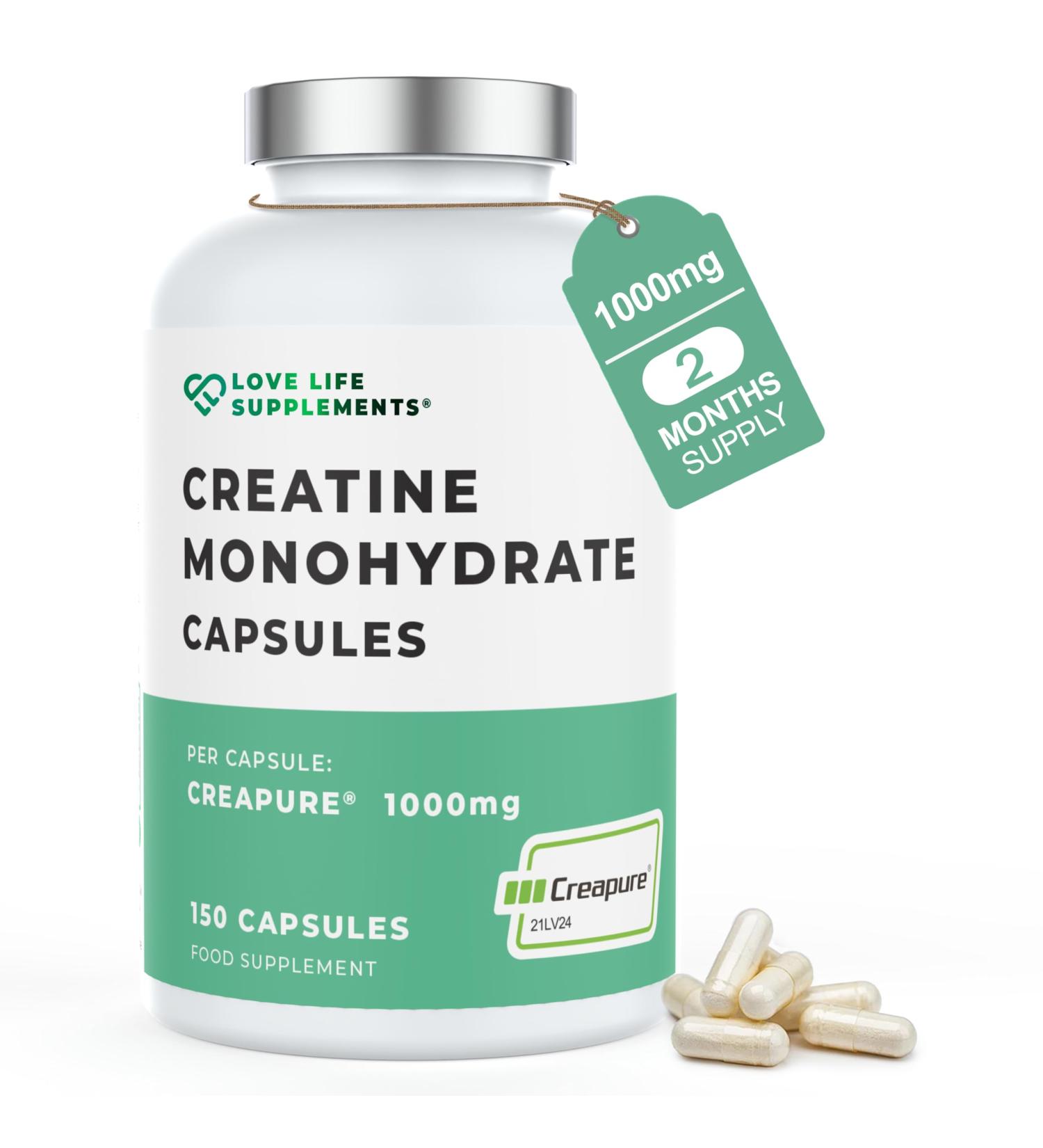 Love Life Supplements Creapure Creatine Monohydrate 150 Capsules 1 Gram per Capsule (not Powder or Tablets) 30-50 Servings for Muscle Building Strength & Power Output 3rd Party Tested - Buy Online on GoSupps.com