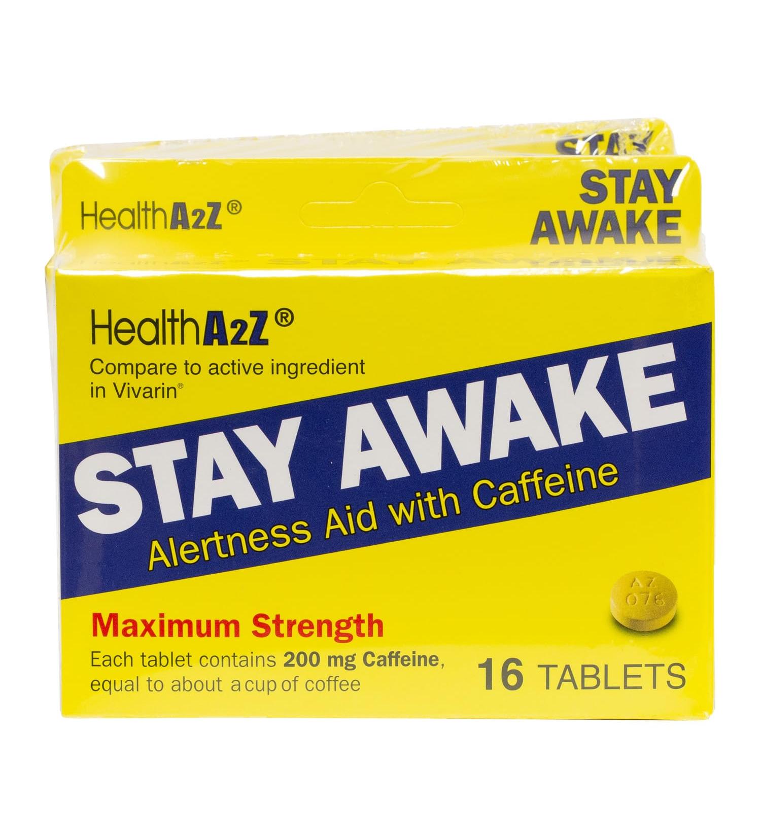 HealthA2Z Stay Awake - 200mg Caffeine Alertness Aid | Maximum Strength | 48 Tablets | 3 Packs of 16 | International Shipping Available - Buy Online on GoSupps.com