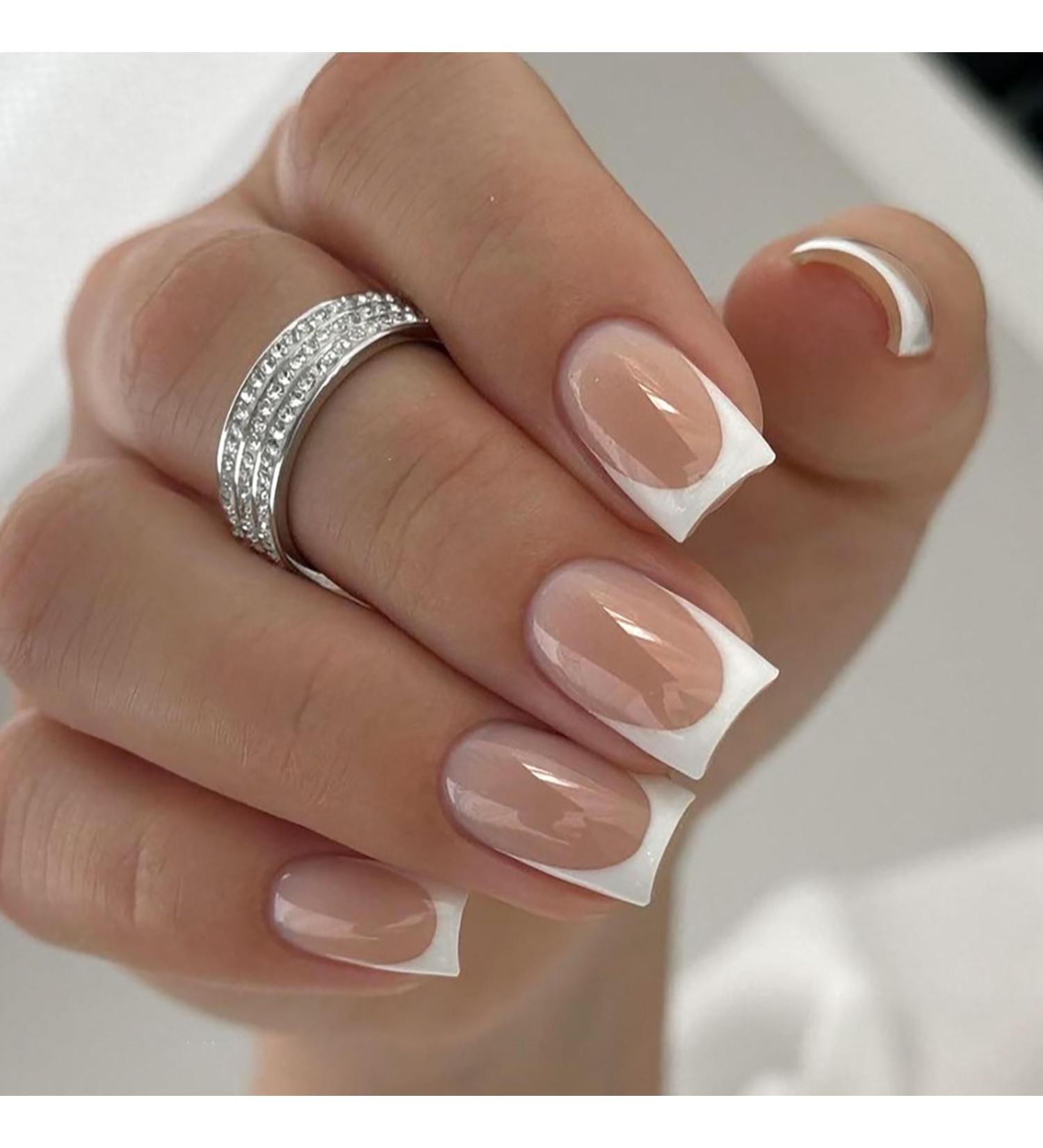 Ovale Short French Press On Nails - Nude with White Tips | Full Cover Soft Gel Nail Tips by Mrcuvaryas - Shop Internationally - Buy Online on GoSupps.com
