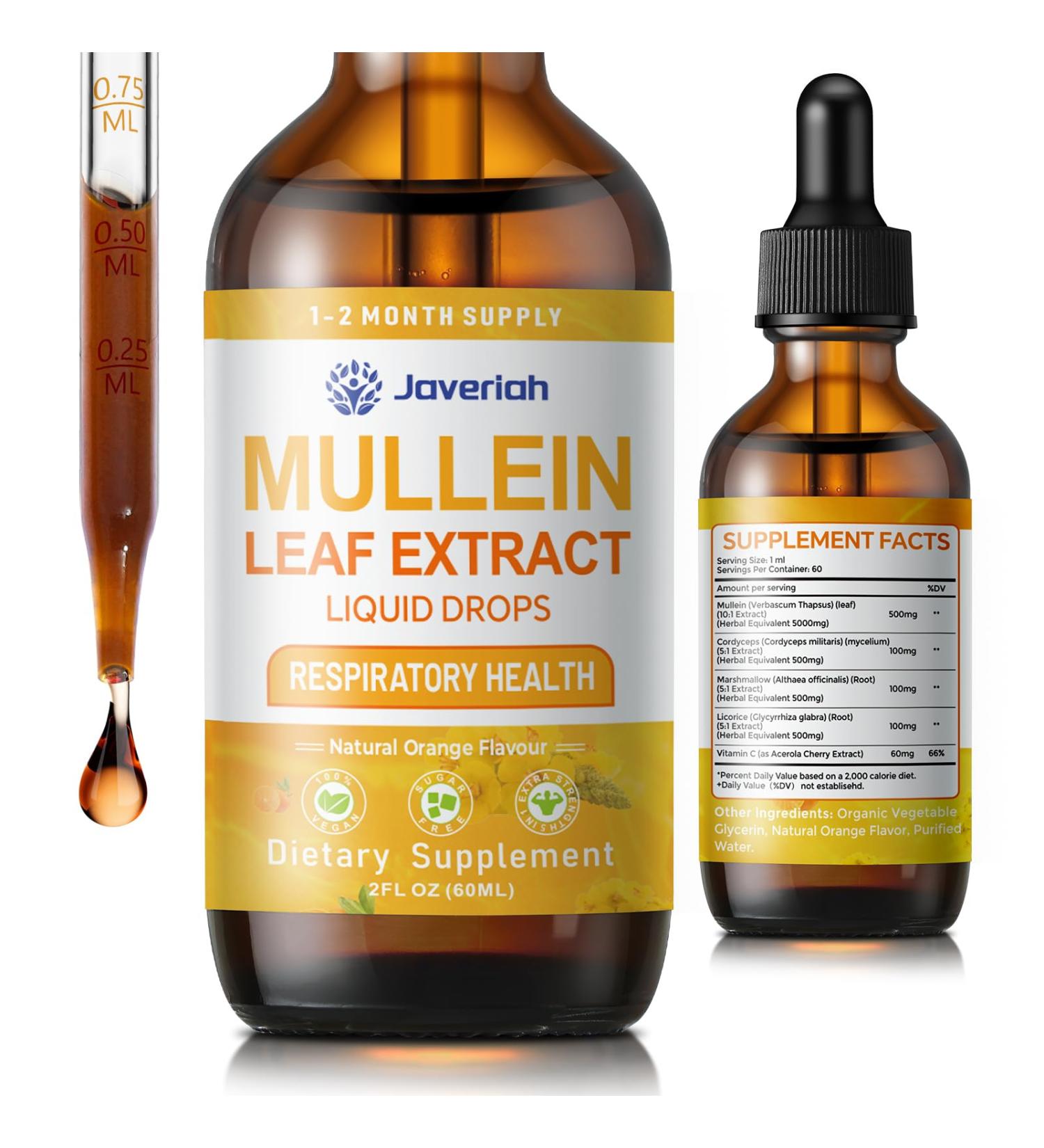 Javeriah Mullein Drops for Lungs Cleanse - Cordyceps, Marshmallow Root & Licorice Root Extract, Respiratory Herbal Supplement with Mullein Leaf Extract for Immune Support & Bronchial Cleanse, 2 Fl Oz - Buy Online on GoSupps.com